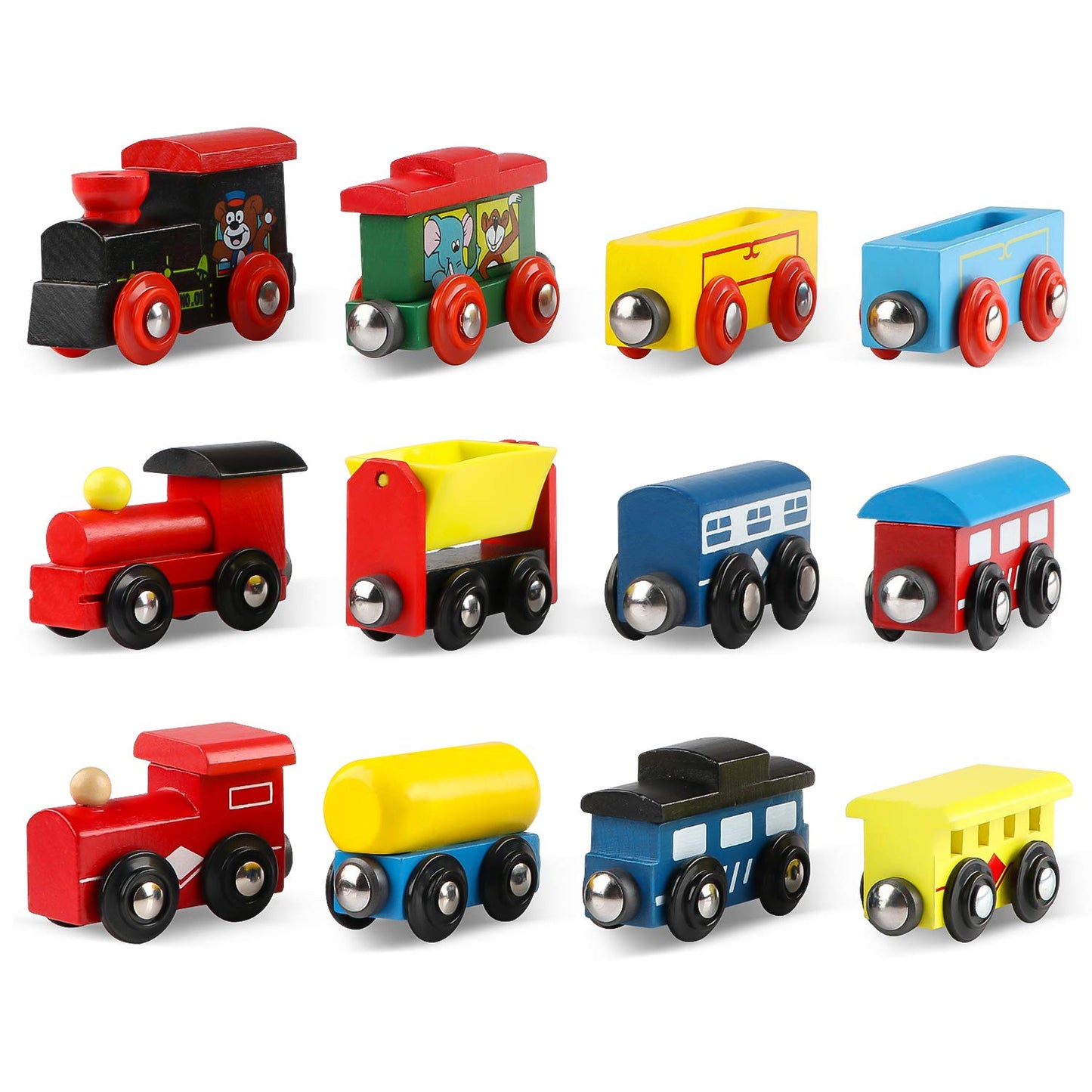 Joqutoys 12 PCS Wooden Train Cars, Train Toys Magnetic Set Includes 3 Engines and Storage Bag, Toy Train Sets for Kids Toddler Boys and Girls