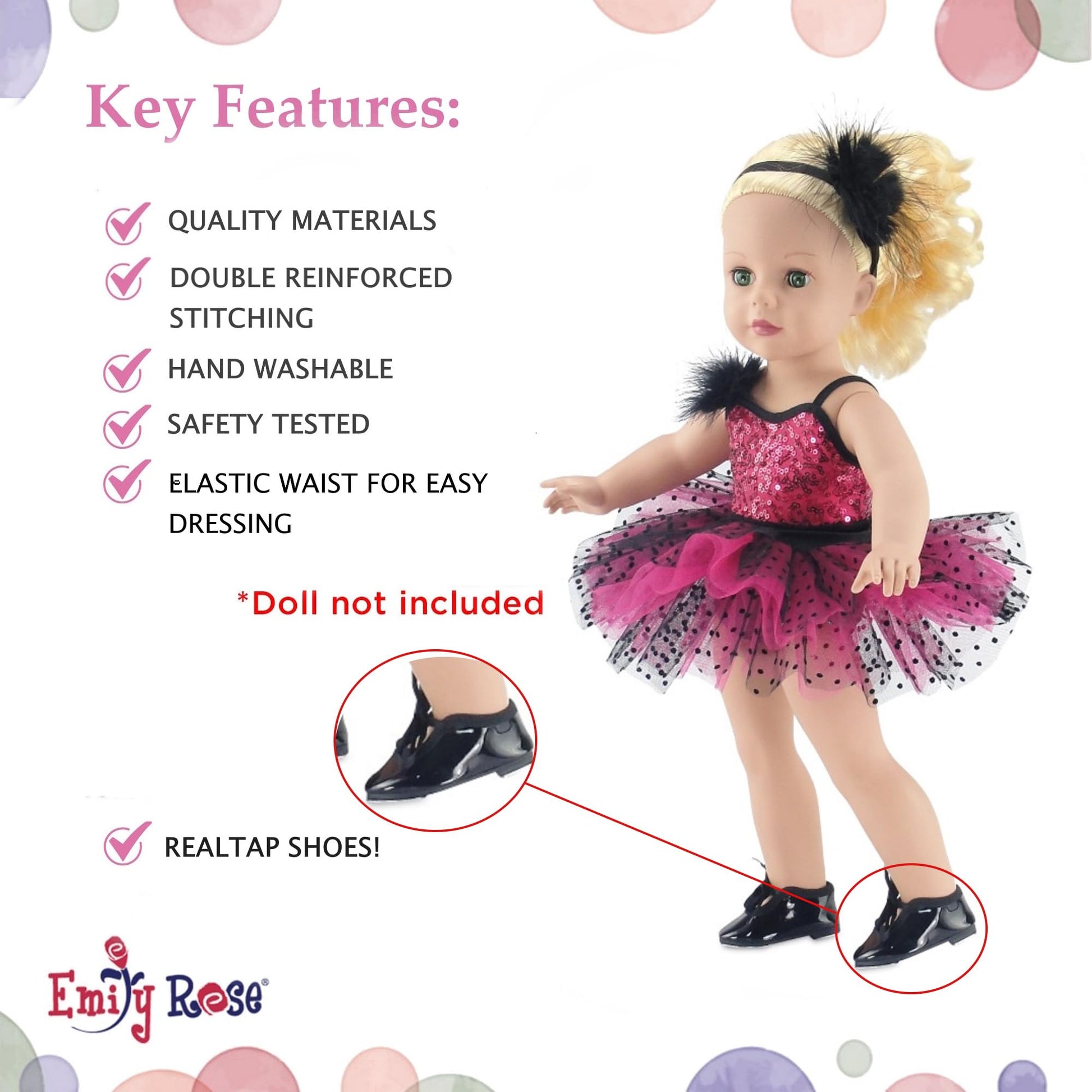 Emily Rose 18 Inch Doll Ballet Clothes Set - 4 PC Pink Ballerina Outfit Leotard, Tutu, Headband & Tap Shoes Set | Dance Recital Costume | Doll Not
