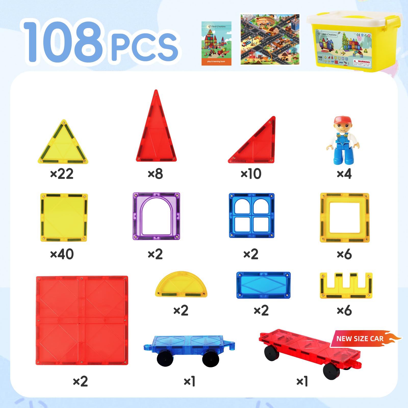 Oasis Creations Magnetic Tiles 108 Piece Building Toys Set for Toddlers 3 4 5 6 7 8 9 Year Old Boys & Girls Educational Stem Toy Construction Gift Set
