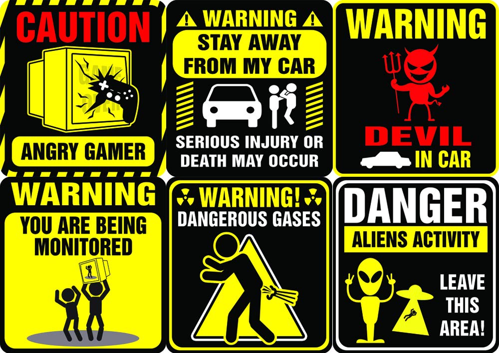Creanoso Funny Warning Signs Stickers - 8 Bulk Sets (12 des. x 8pcs ea.) -Approx. A7-Sized 3.55x 3.94 in. Stocking Stuffers Premium Quality Gift Ideas