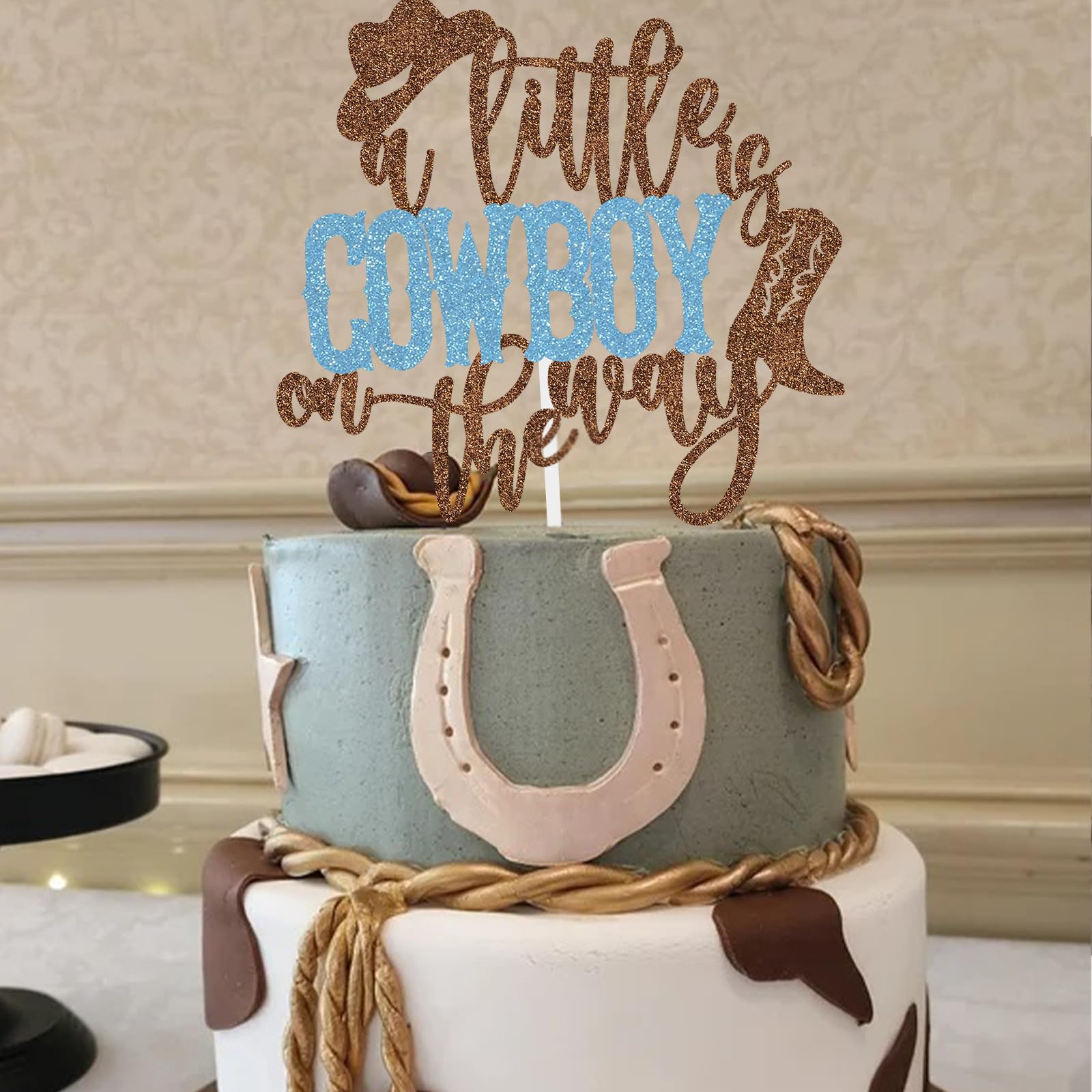 A Little Cowboy Is On The Way Cake Topper Boy Baby Shower Decoration Western Themed Party Supplies Blue