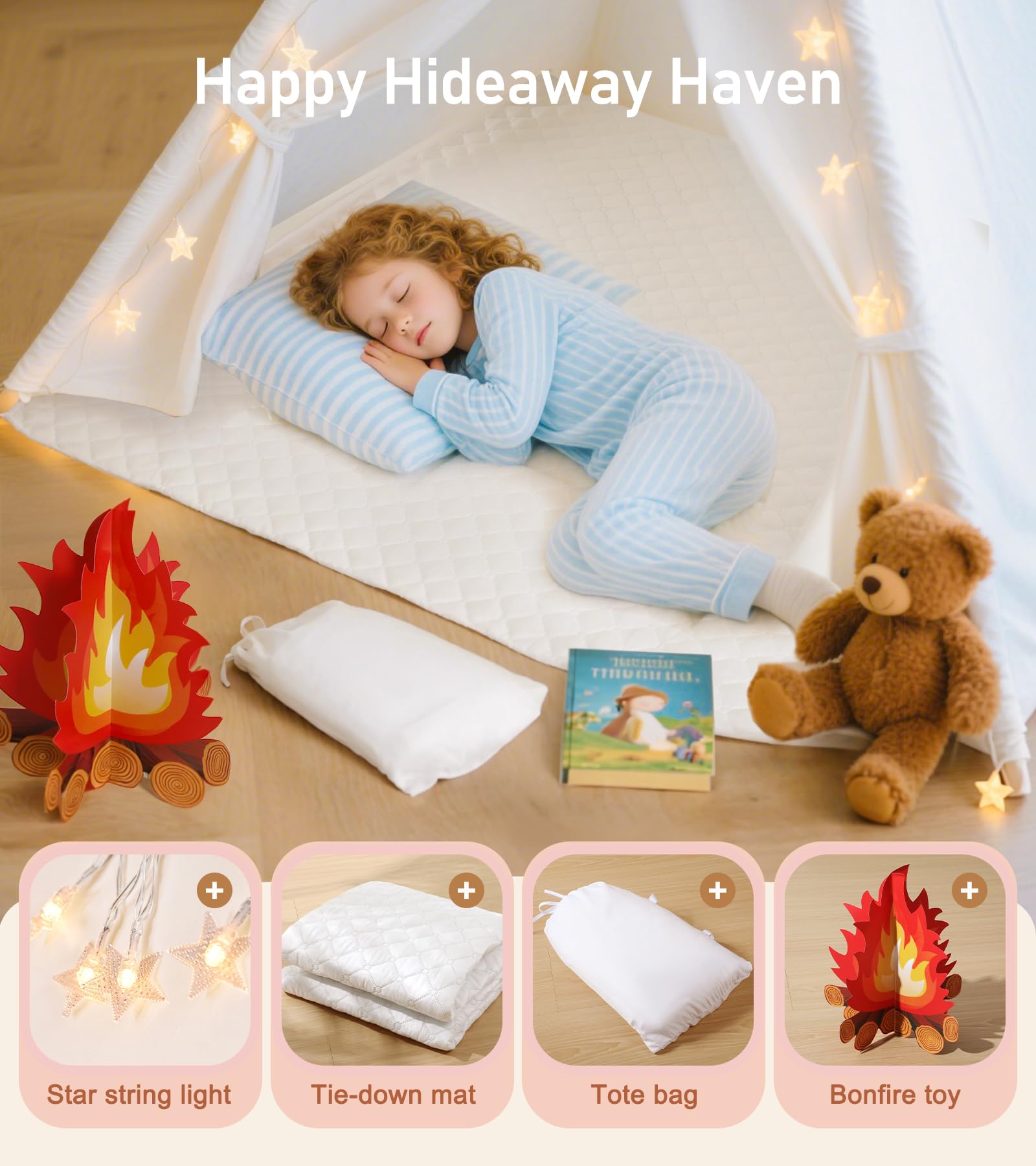 Little Dove Teepee Tent for Kids with Star Lights, Mat & Campfire Toy, Premium Cotton Canvas Kids Play Tent with Wooden Poles, Foldable Indoor Outdoor