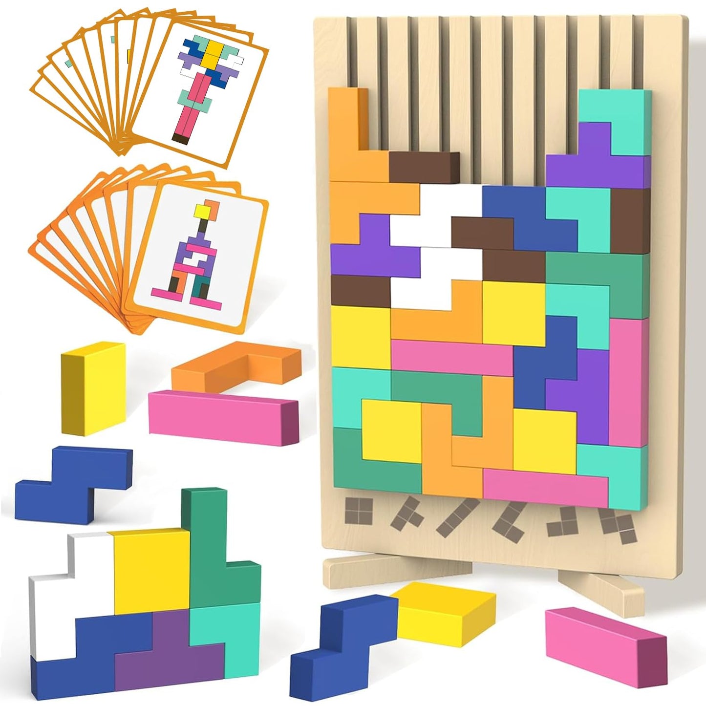 Wooden Block Puzzle Montessori Toys, Colorful Stacking Game Brain Teaser Puzzles for Toddlers and Kids with 20 Cards, Educational Wooden Toy Gifts