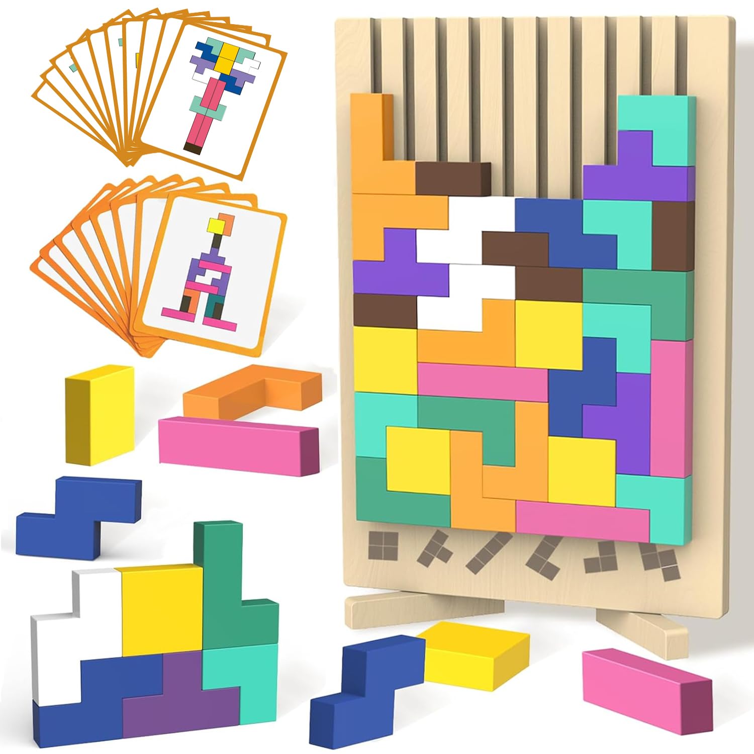 Wooden Block Puzzle Montessori Toys, Colorful Stacking Game Brain Teaser Puzzles for Toddlers and Kids with 20 Cards, Educational Wooden Toy Gifts