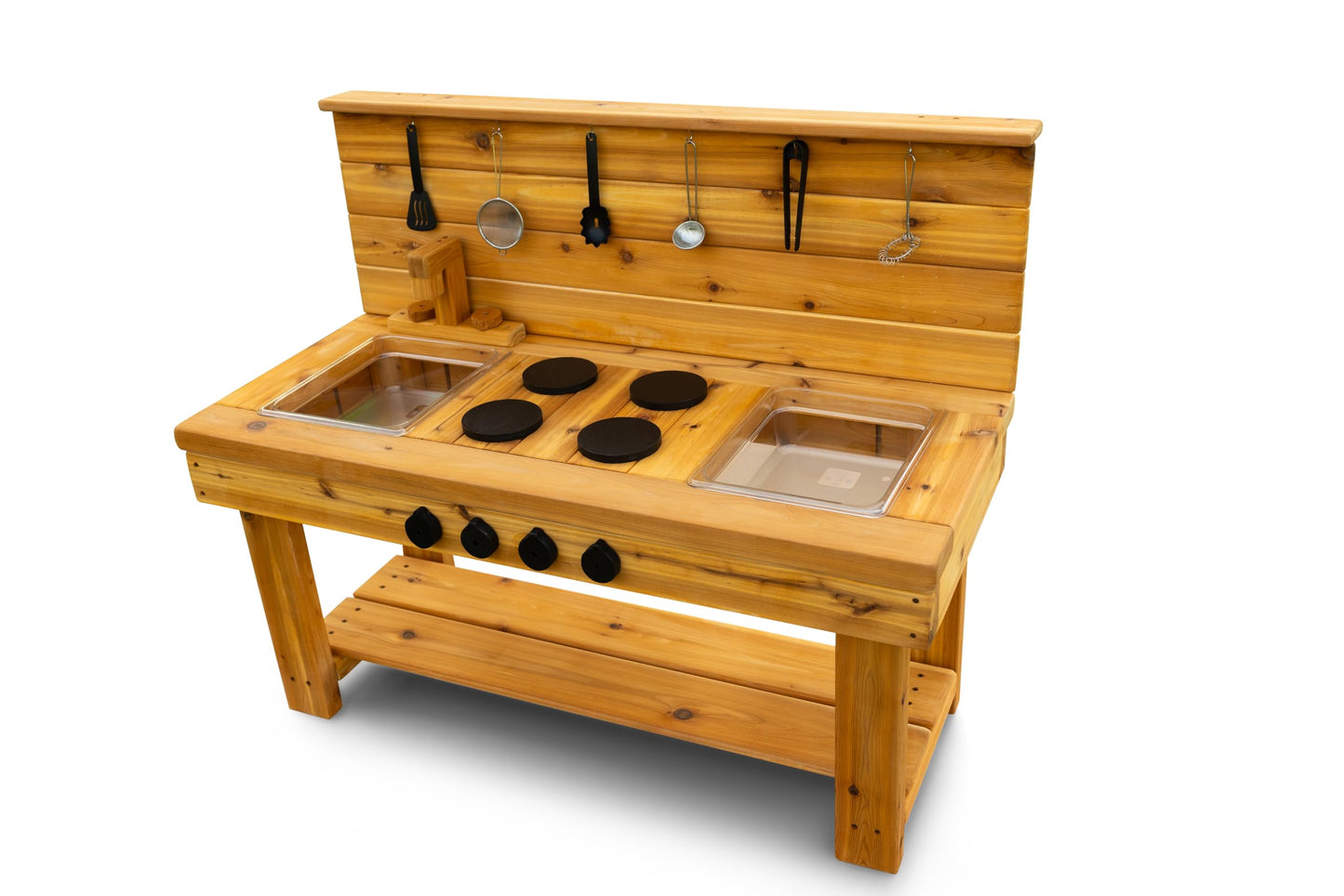 Noble Toys XL Cedar Outdoor Mud Kitchen Centered with Backsplash and Stovetop for Toddlers Kids | Pretend Play Table | Sensory Table | Outside Playset