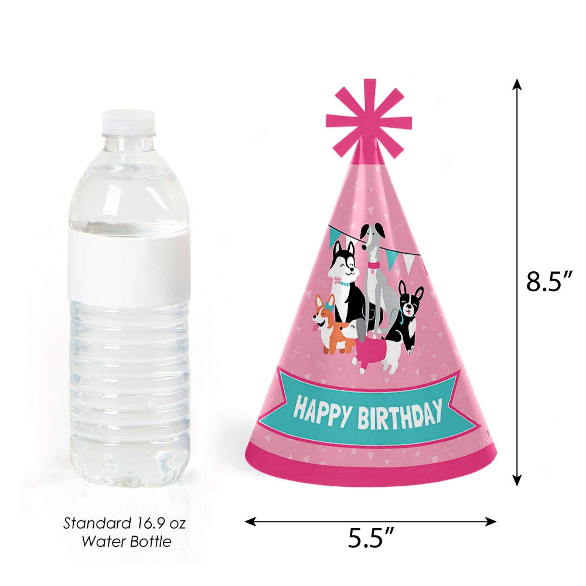 Big Dot of Happiness Pawty Like a Puppy Girl - Cone Happy Birthday Party Hats for Kids and Adults - Set of 8 (Standard Size)