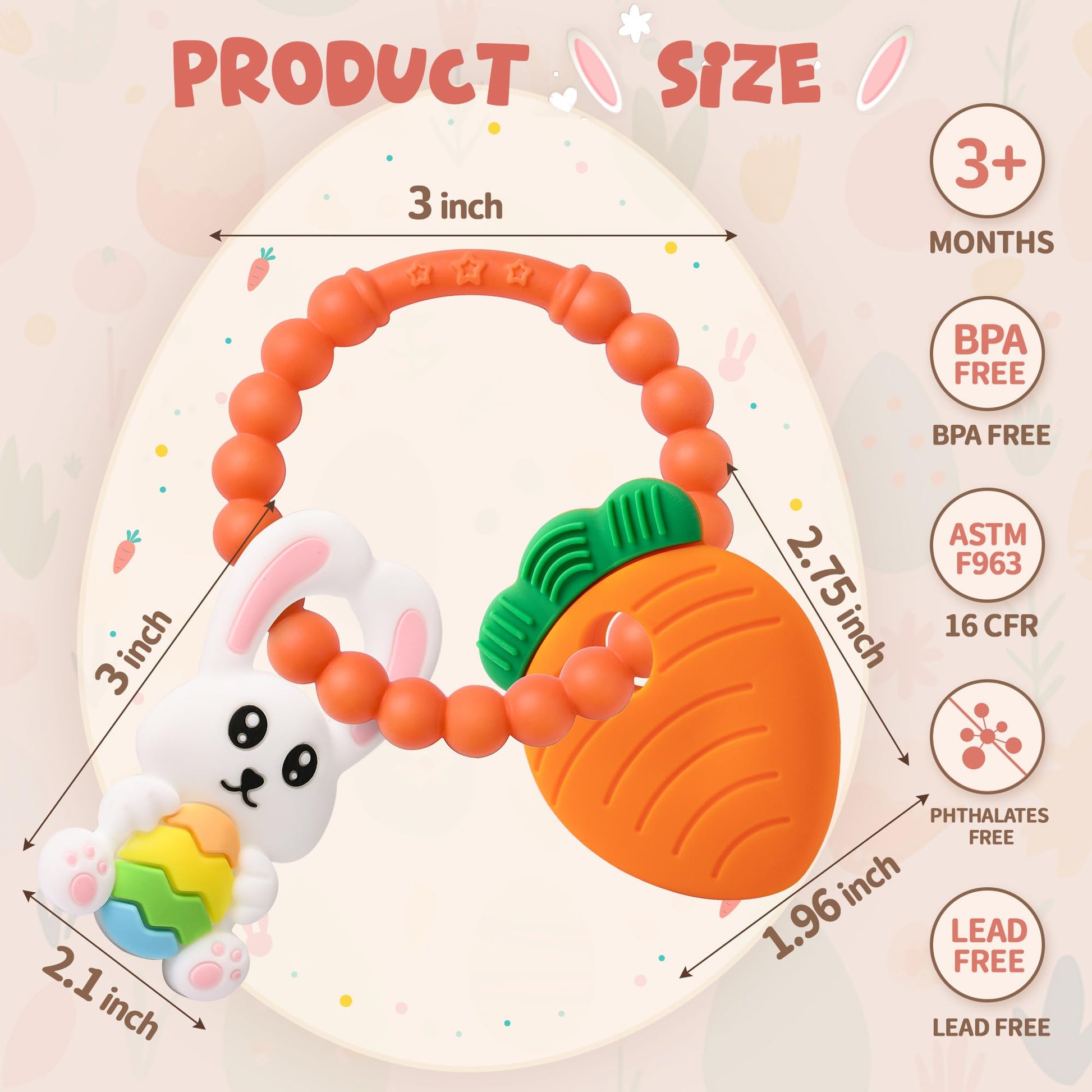 Easter Eggs Bunny Teething Toys, Easter Basket Essentials Stuffers, Silicone Easter Egg Baby Carrot Teether Toys, Baby Carrots for Baby's First Easter