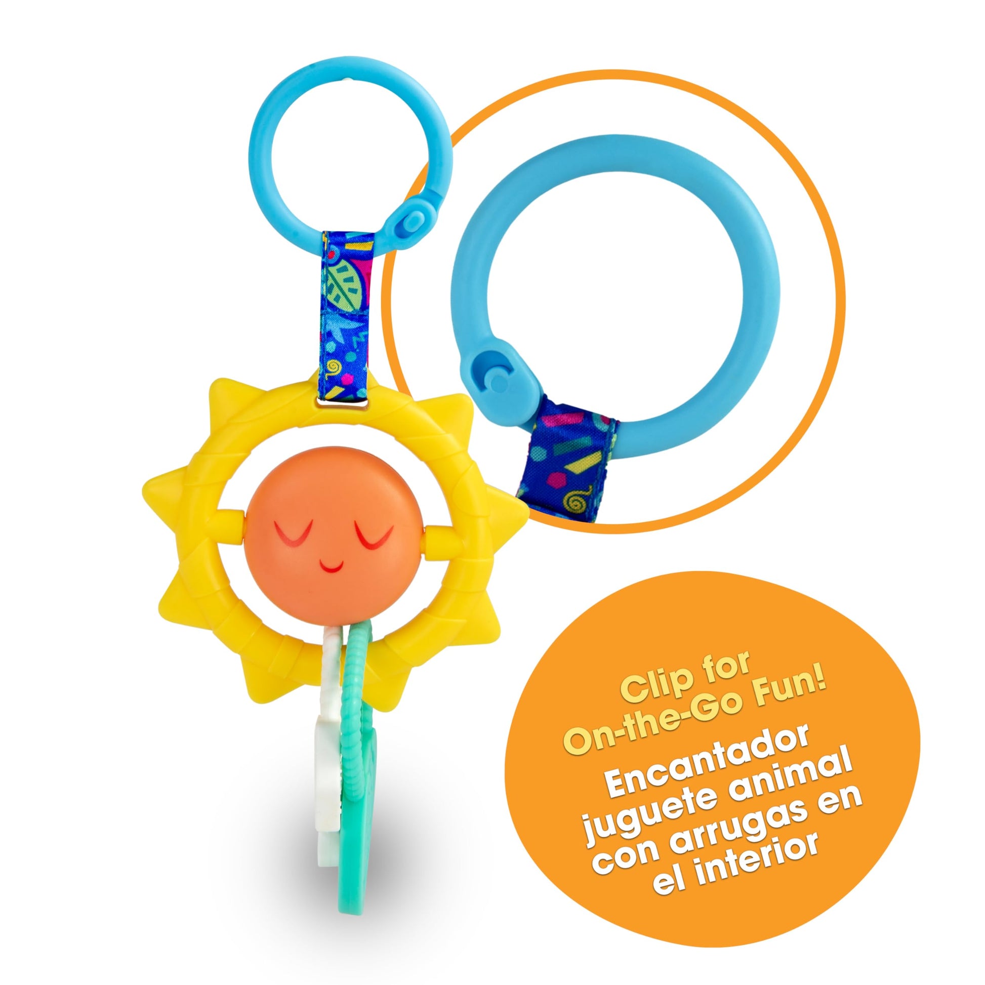 BEBE FUERTE Strong & Sunny Clip On Stroller Toy by Robin Arzon - Developmental Baby Teething Toys - Travel Toys for Infants - Teething Toy for 0
