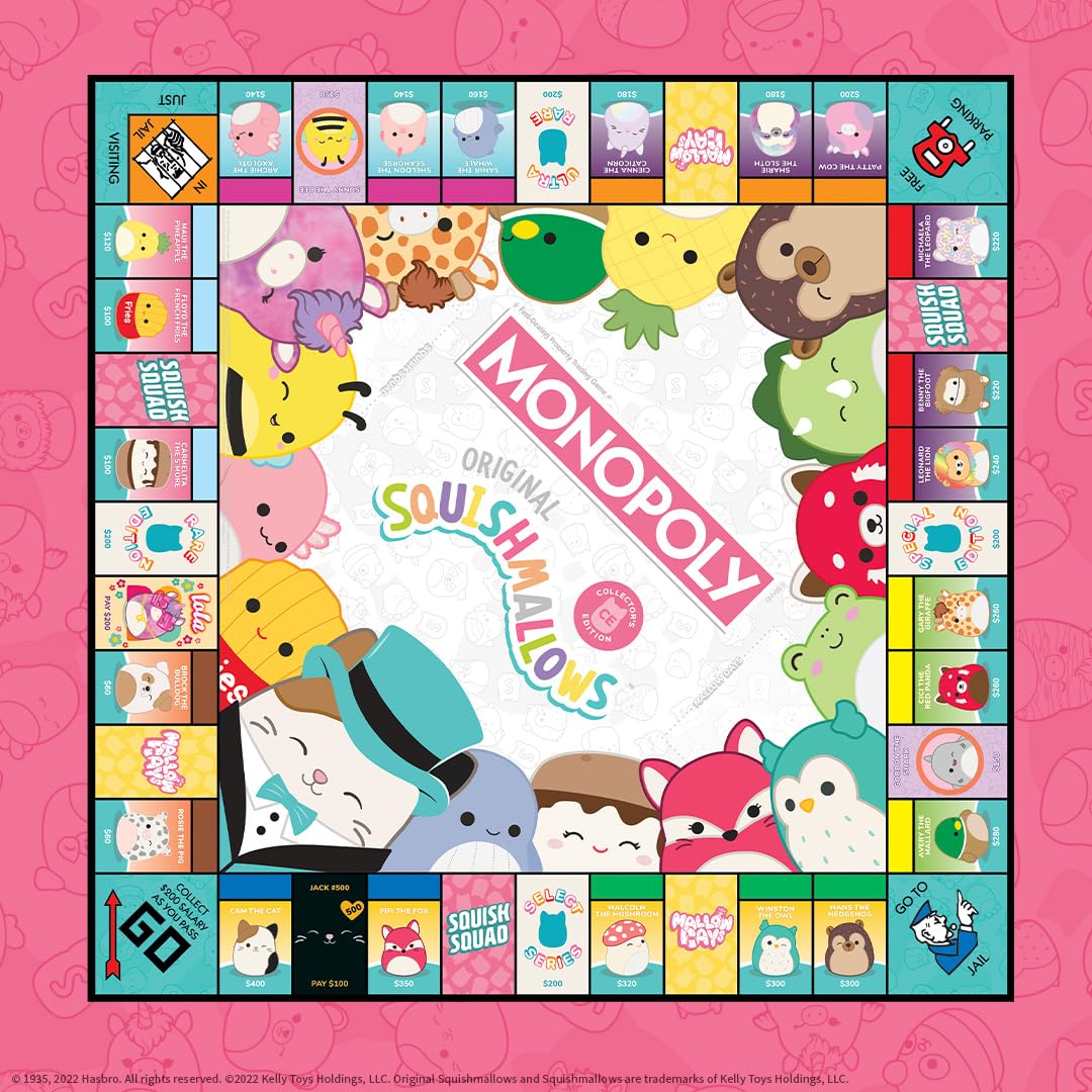 Monopoly: Squishmallows Collector’s Edition Board Game, Exclusive Cam the Cat Plush Included, Buy, Sell, & Trade Spaces Featuring Iconic Characters