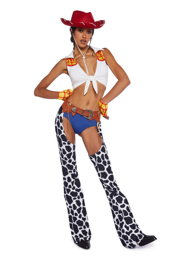 Dolls Kill Round ‘Em Up Cowgirl Doll Costume Set by Trickz N’ Treatz - Women’s Plaid Top with Cow Print Chaps, Hat & Belt, Multi, X-Small