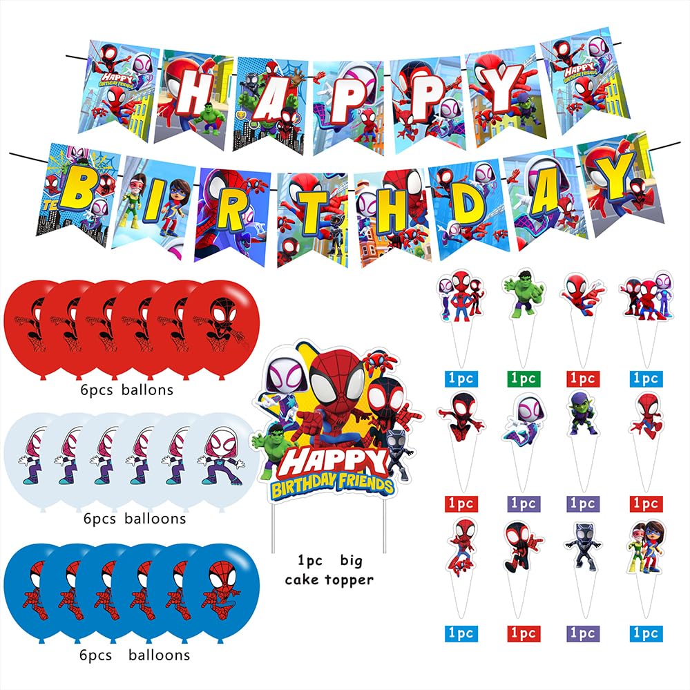 Spider and His Friends Birthday Decorations,Spider and His Friends Party Supplies Include Happy Birthday Banner, Cake Topper and Cupcake Toppers