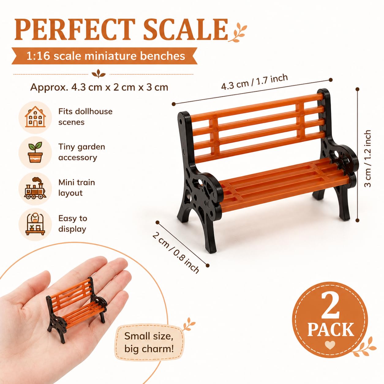 Miniature Park Bench Set 2-Pack - 1:16 Scale Brown Garden Seats with Realistic Detailing, Tiny Park Benches for Dollhouse and Fairy Garden