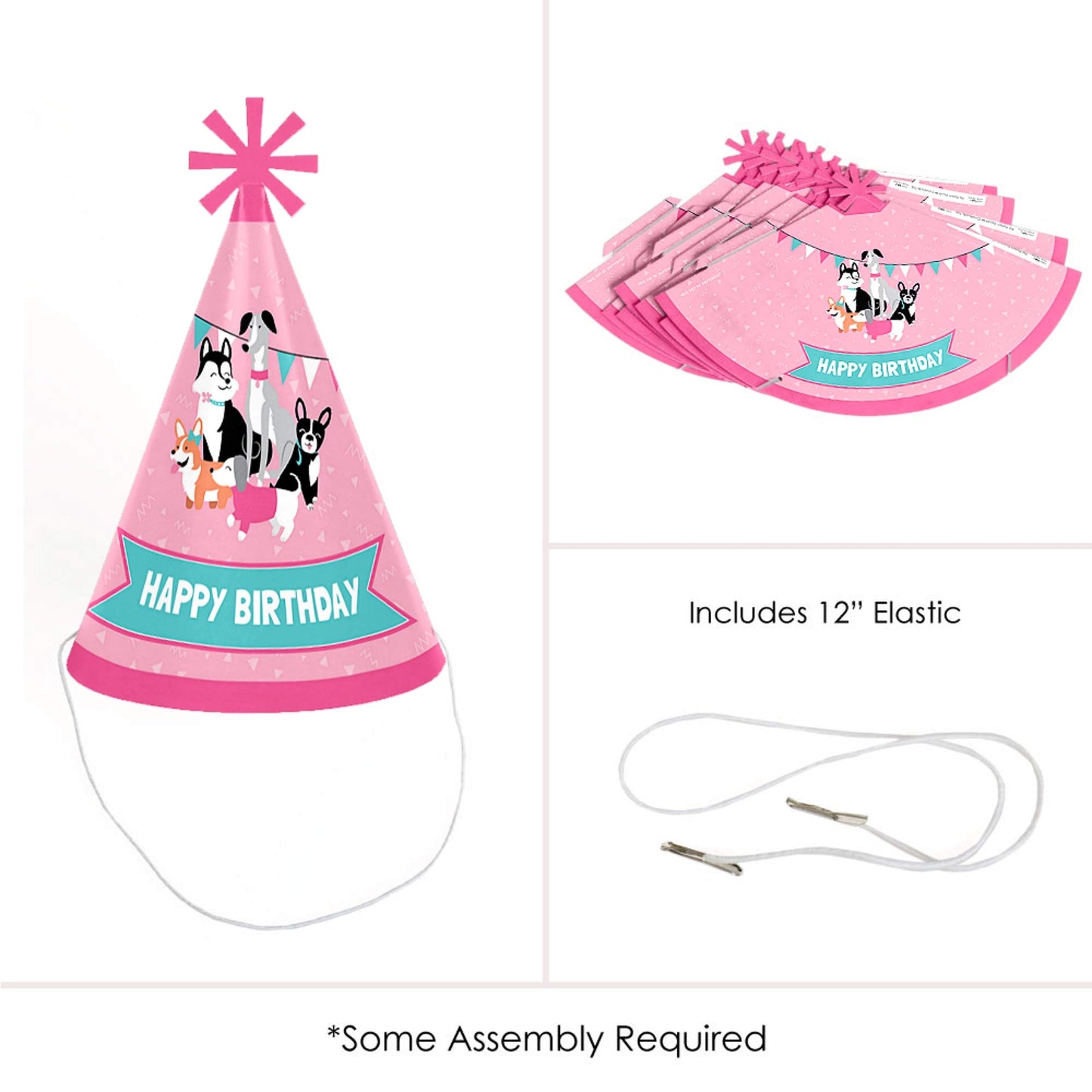 Big Dot of Happiness Pawty Like a Puppy Girl - Cone Happy Birthday Party Hats for Kids and Adults - Set of 8 (Standard Size)