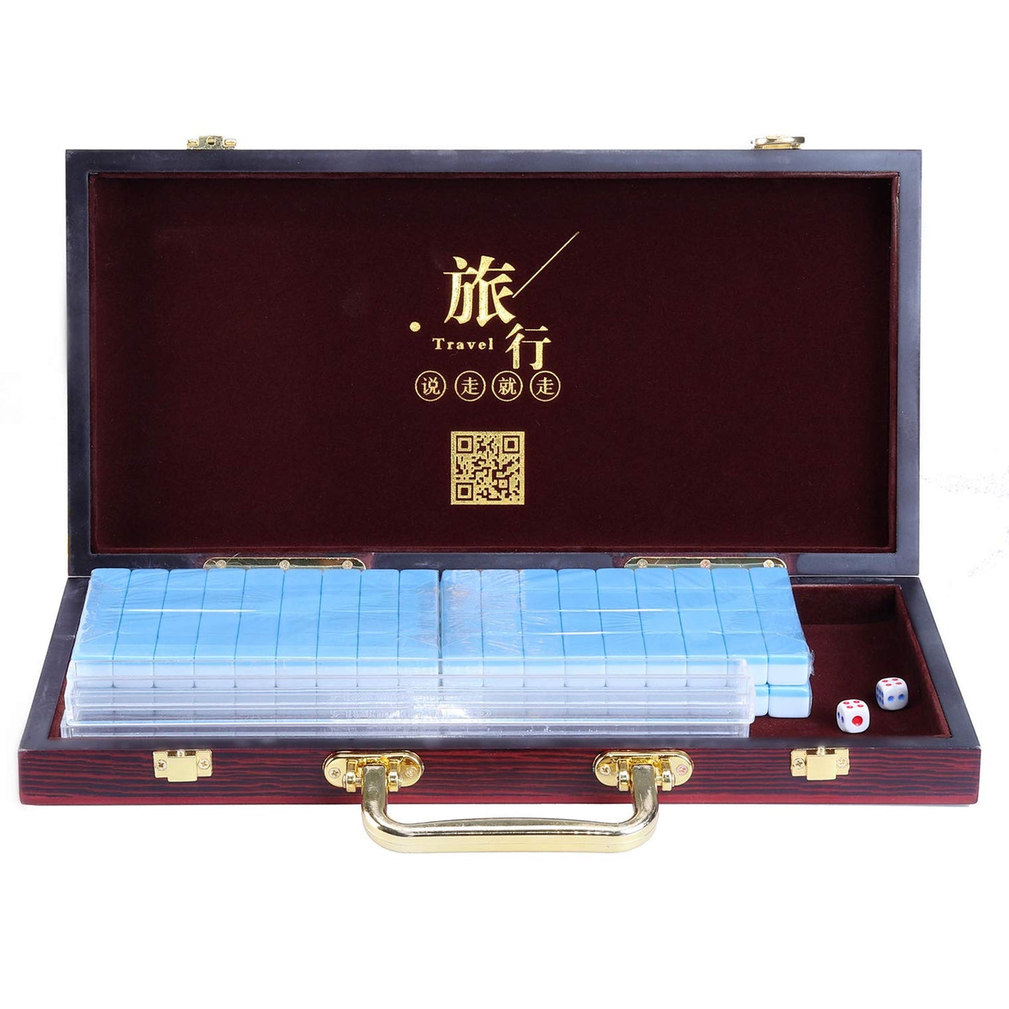 Erencook Miniature Chinese Mahjong Game Set with Foldable Table 144 Mini-Tiles, Case, and Accessories, Travel Set (Blue, 22MM)