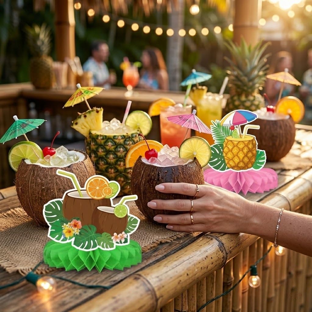 Hawaiian Luau Party Decorations Set, 9 Pcs Aloha Honeycomb Centerpieces for Tables, Tropical Tiki Beach Summer Pool Theme Birthday Party Supplies