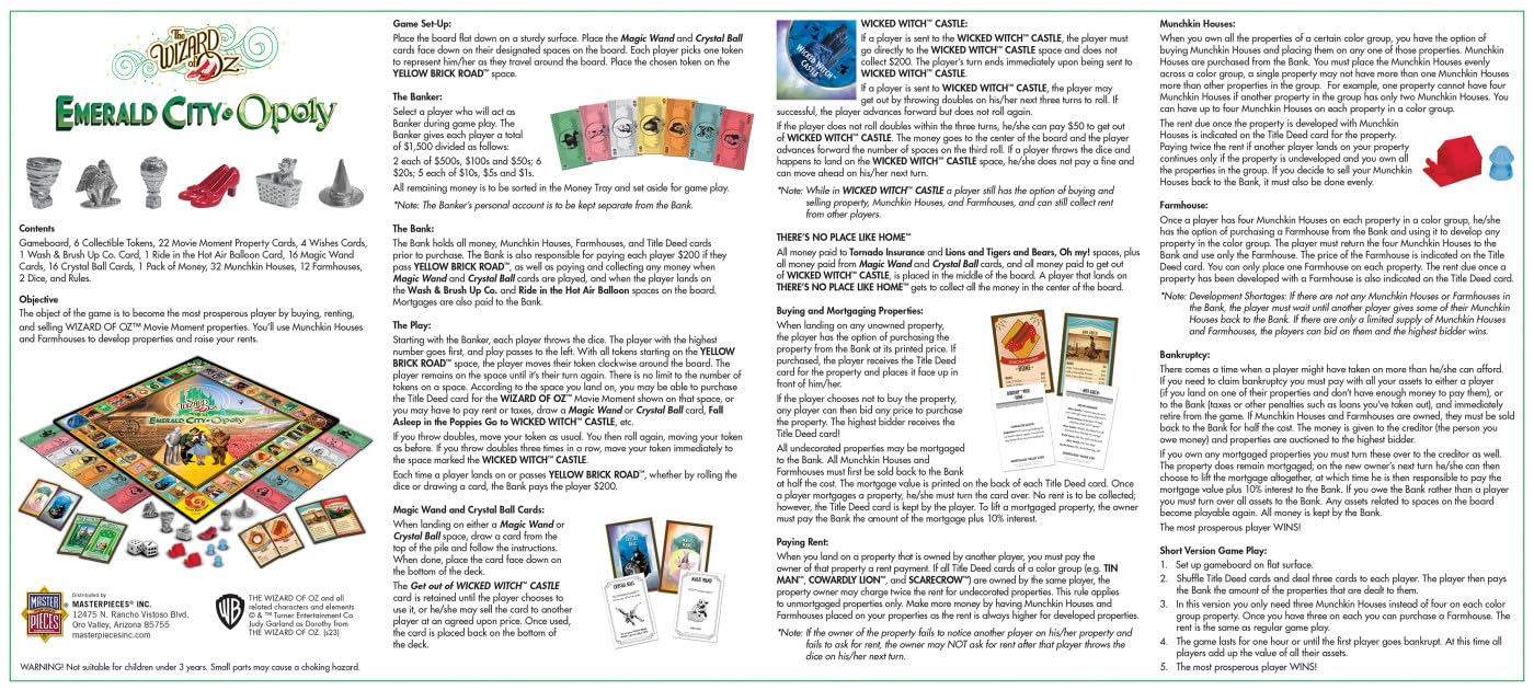 MasterPieces Opoly Board Games - The Wizard of Oz Emerald City Opoly - Officially Licensed Board Games for Adults, Kids, & Family