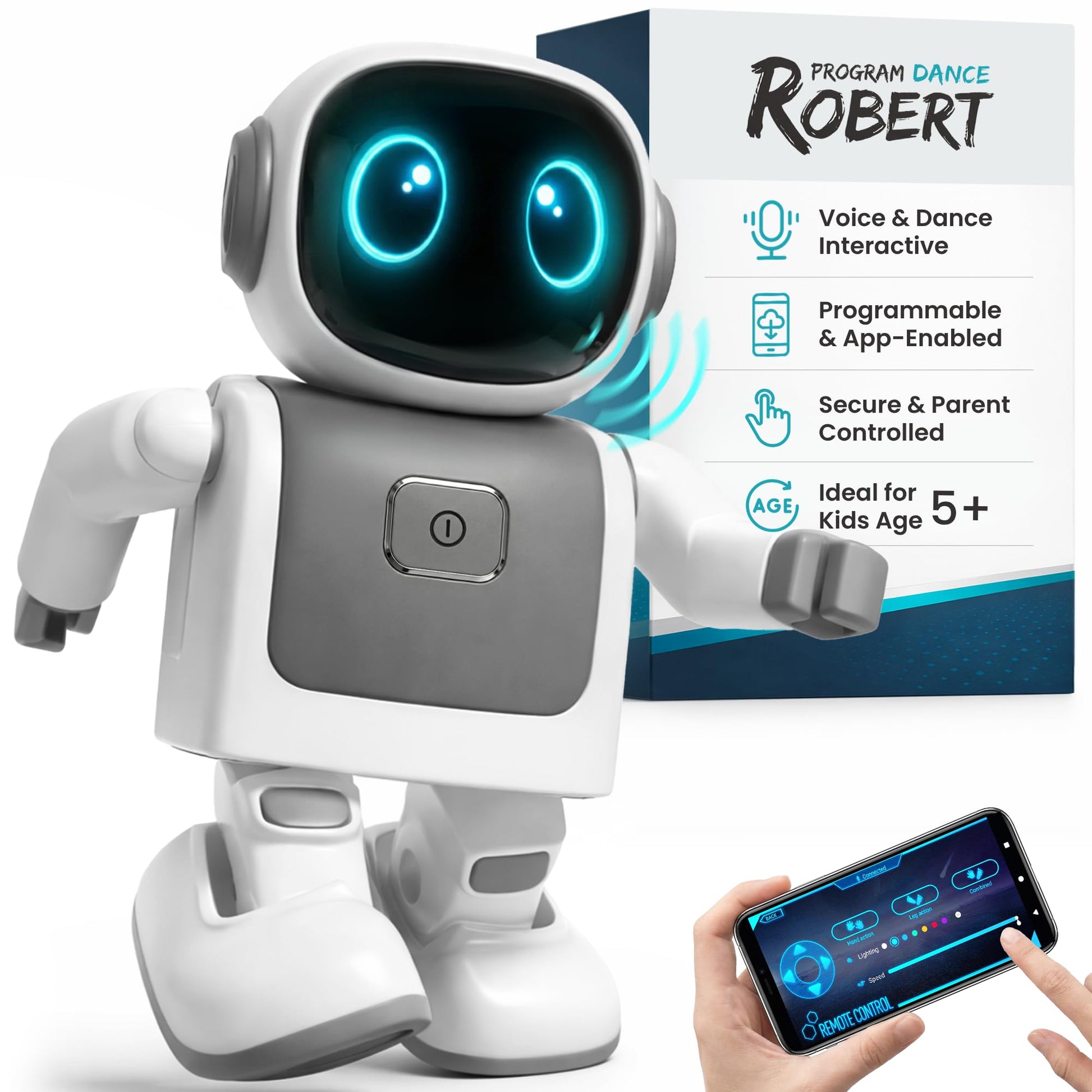 SmartyBot Smart Robot Toy for Kids - Interactive Remote Control Robot with App, Programmable Moves, 7 Customizable LED Eye Colors, Reacts to Music