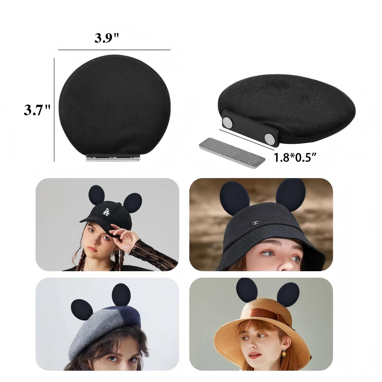 4 Pcs Magnetic Mouse Ears for Hats, Removable Magnet Minni Ear for Cap, Interchangeable Mouse Ears for Baseball Hat, Clip-On Hat Accessory, Adults