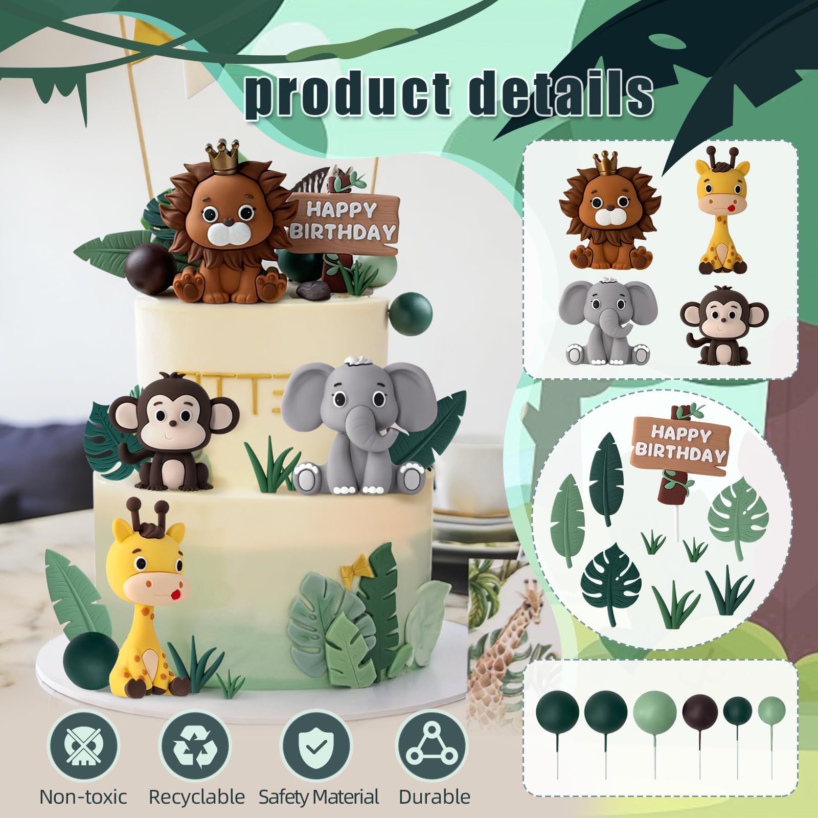 19pcs Safari Animal Cake Topper - Jungle Wild Cake Toppers with Leaves Balls Cake Decorations for Safari Animals Themed Birthday Party Decorations