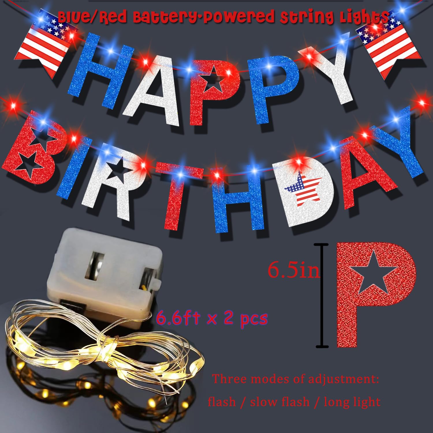 4th of July Birthday Banner with light, Happy Birthday Banner with Battery Operated Fairy String Light, 4th of July Independence Veterans Day Party