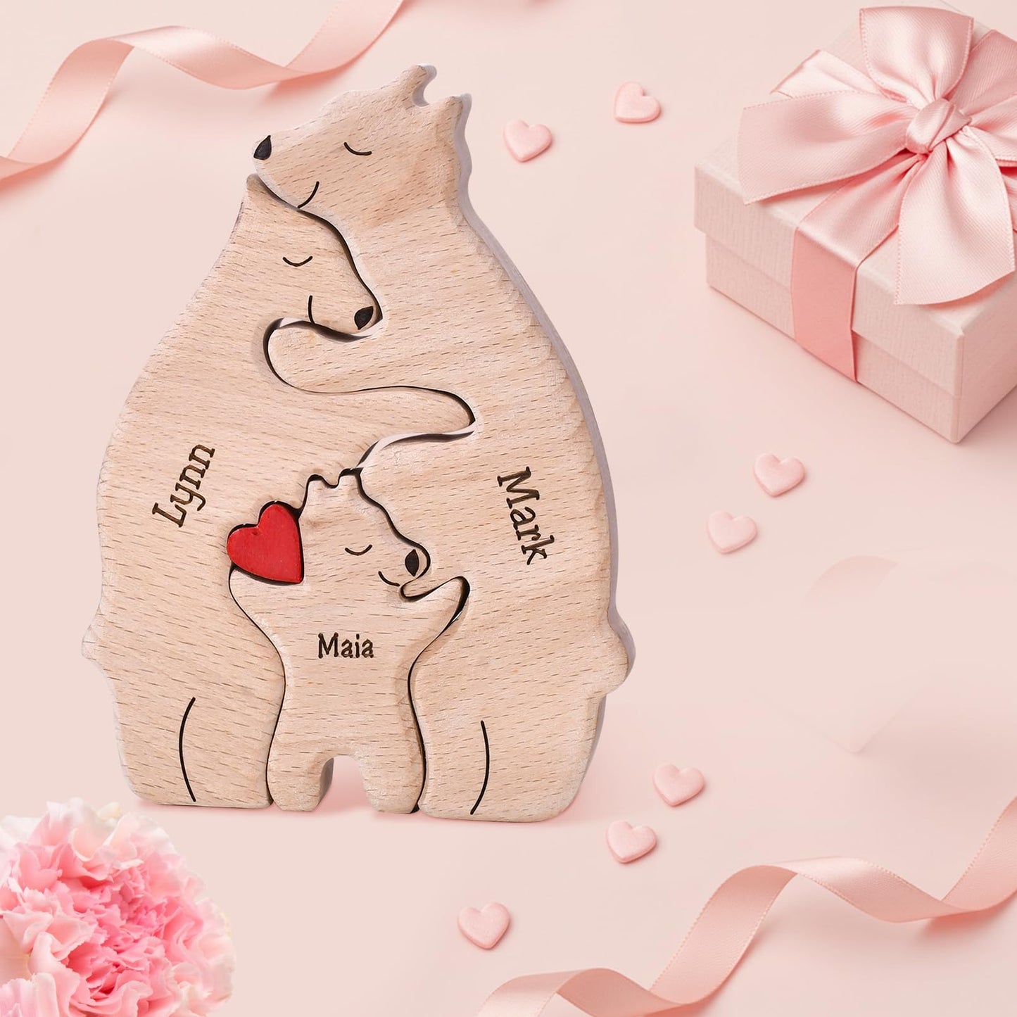 Personalized Wooden Bear Family Puzzle with Names, Custom Puzzles