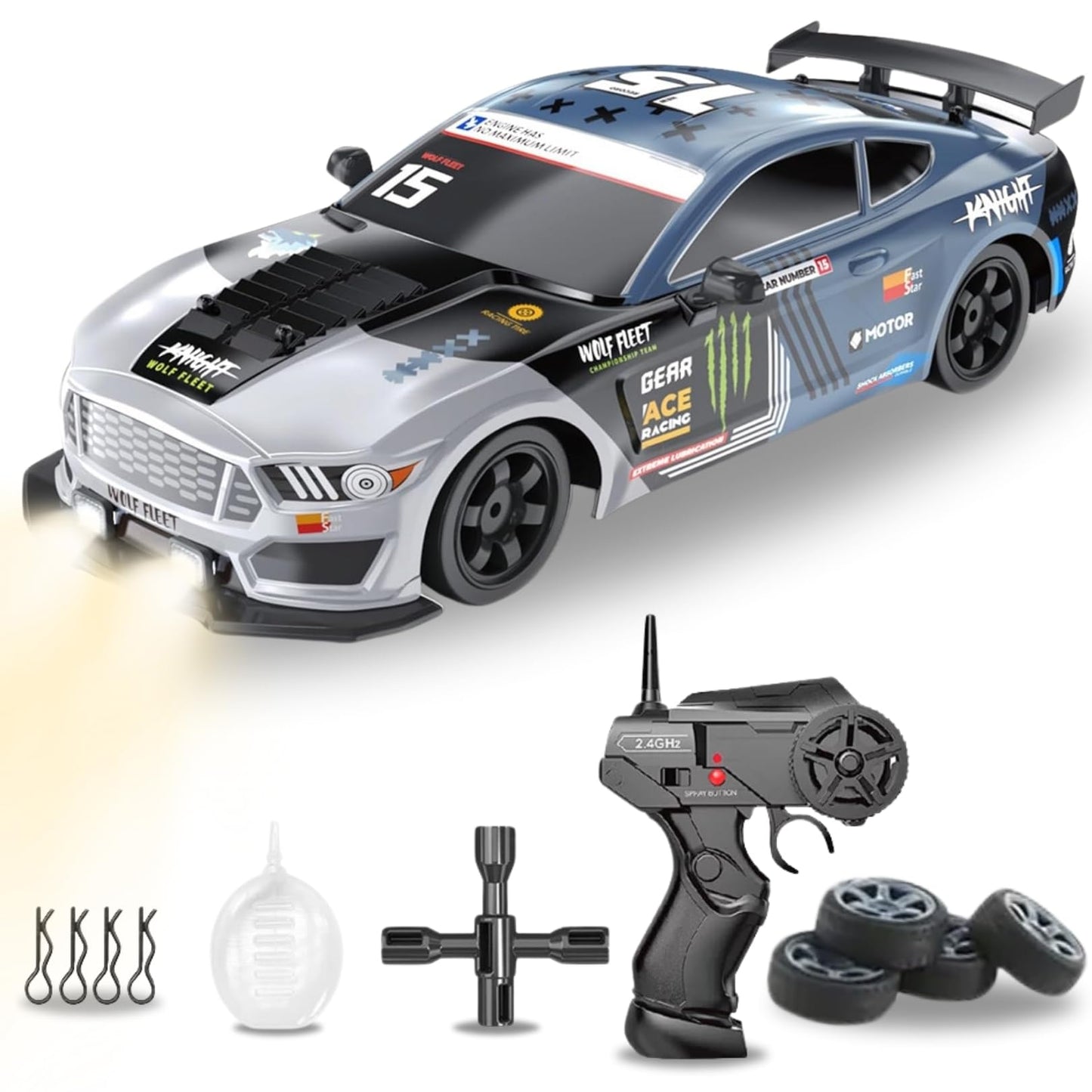 Liberty Imports RC Drift Car 1/16 2.4GHz 4WD Remote Control Sport Racing On-Road Vehicle with LED Light, Batteries and Drift Tires (Silver)
