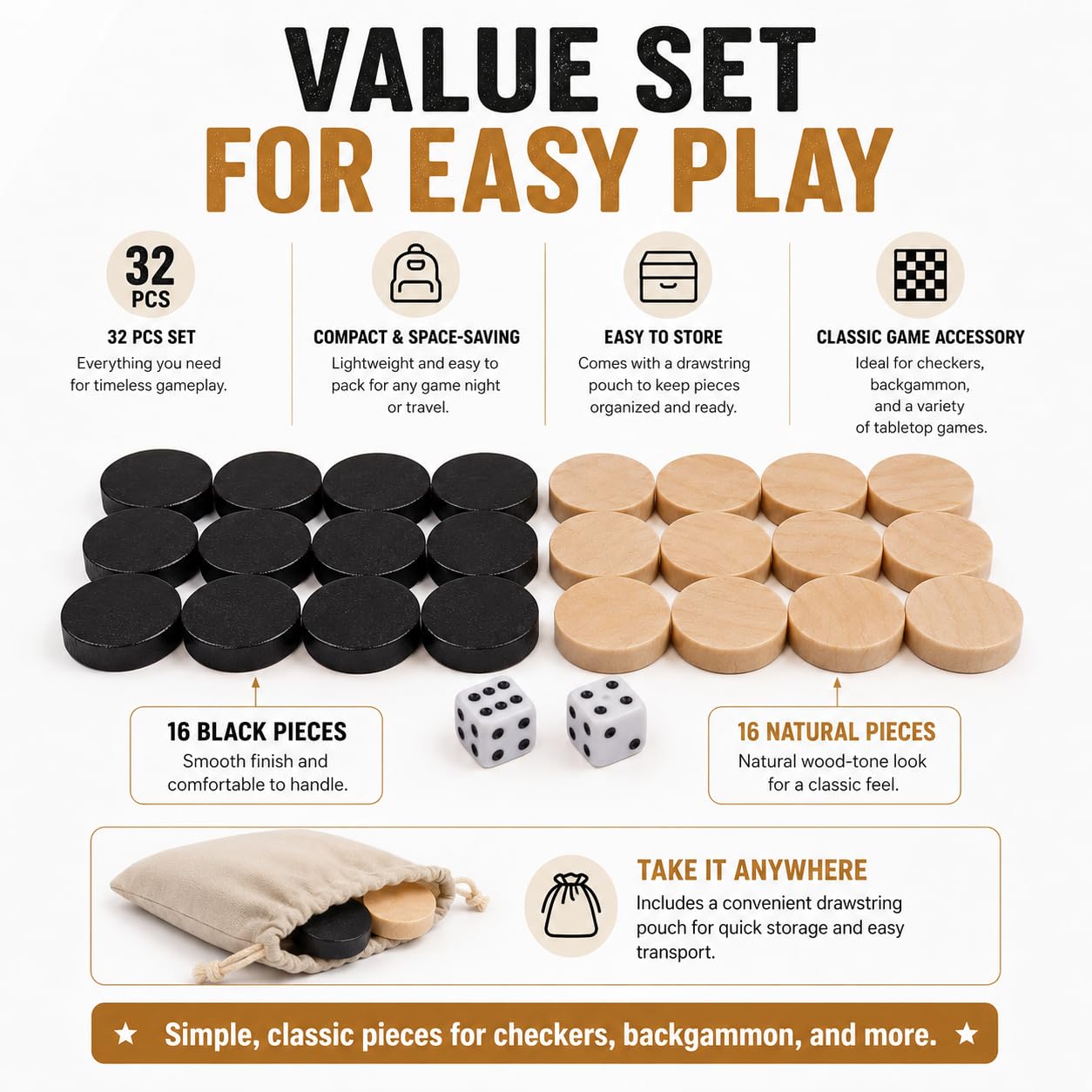 32Pcs Two-Tone Round Game Pieces, Classic Board Game Checkers, Draughts and Backgammon Chess Pieces for Arcade and Table Games