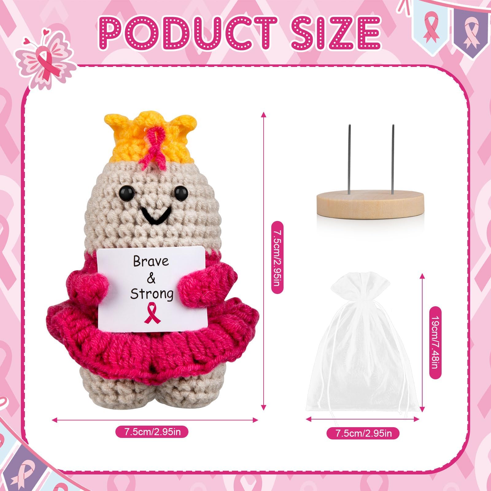 Gosodeny Breast Cancer Awareness Pink Ribbon Knitted Dolls Set Breast Cancer Gift for Women Cancer Warrior Fighter Charity Party Favors Emotional