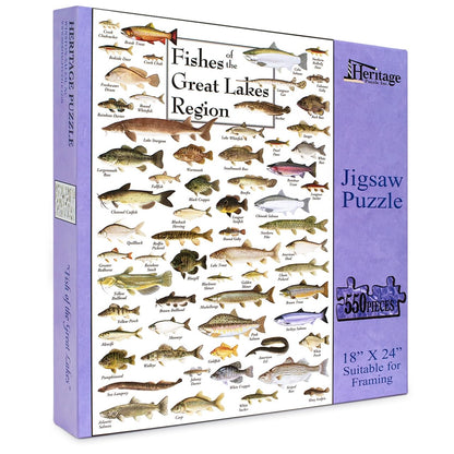 Heritage Puzzle - Fishes of The Great Lakes Region by Duane Raver & Ellen Edmundson 550 Piece Puzzles for Adults - Detailed Nature & Fishing Art