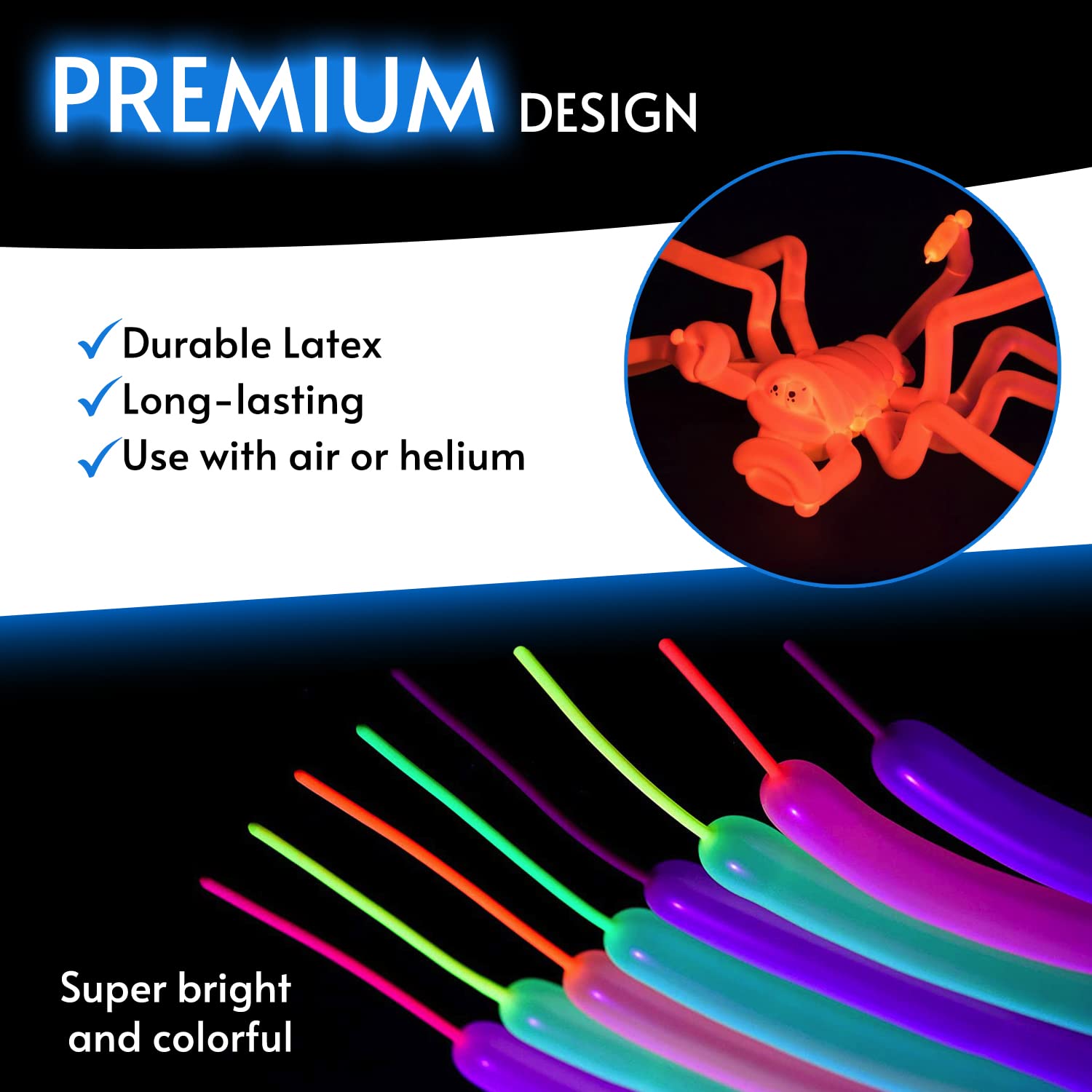 Glow King Neon Tying Balloons - Fluorescent Neon Glow Party Balloons for Tying Balloon Animals - Blacklight Reactive Party Supplies - Neon Party