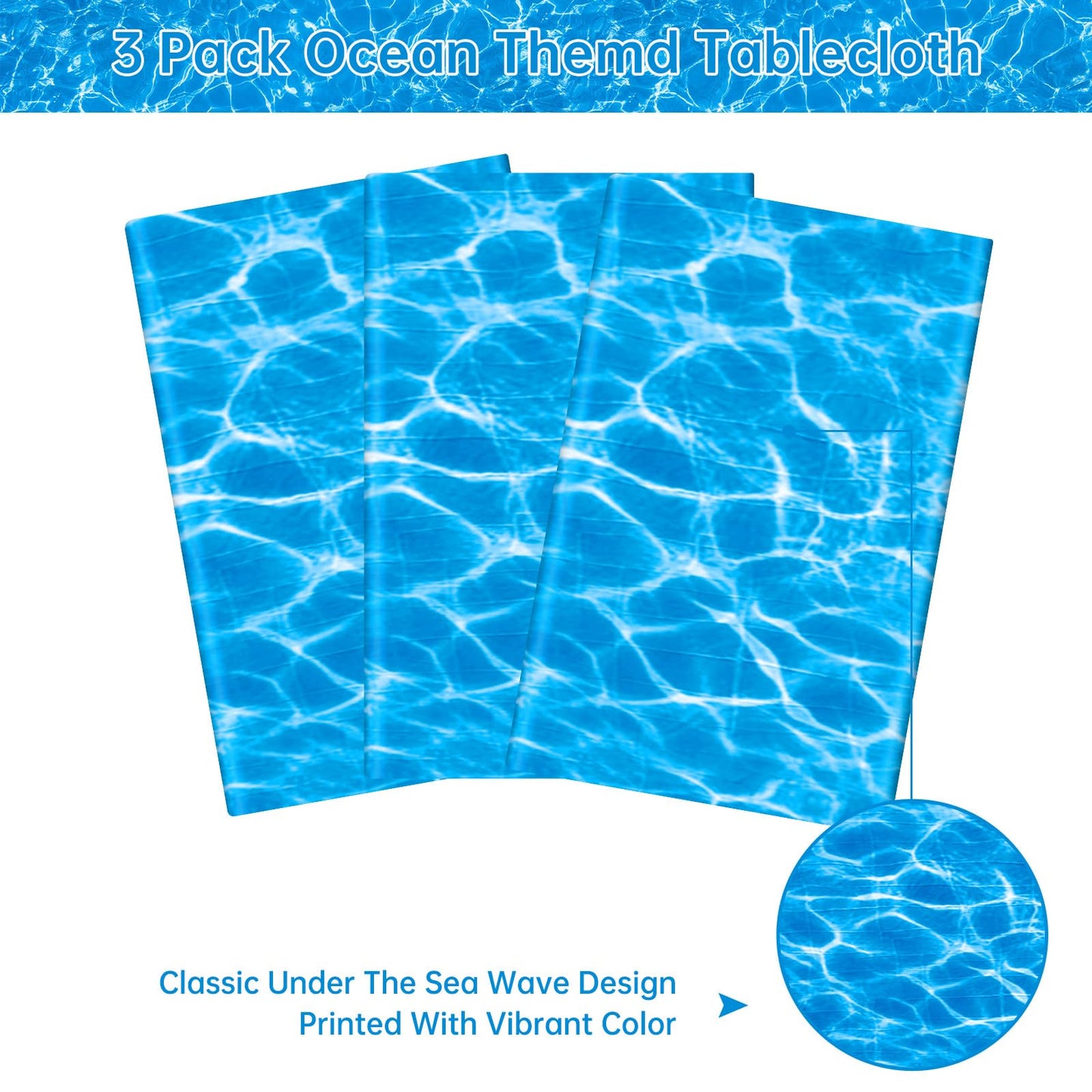 3 Pieces Ocean Tablecloth - Under The Sea Ocean Waves Table Cloths, Plastic Rectangle Blue Water Print Table Cover for Beach Pool Birthday Party