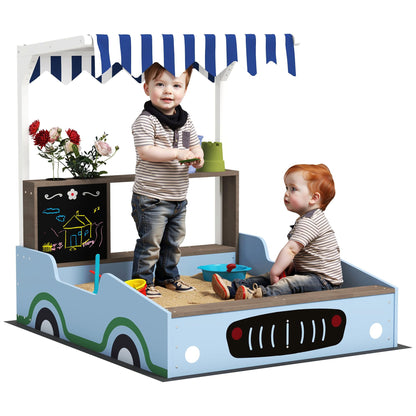 Qaba Kids Wooden Sandbox with Canopy Outdoor Bench Seats Ages 3-7 Blue