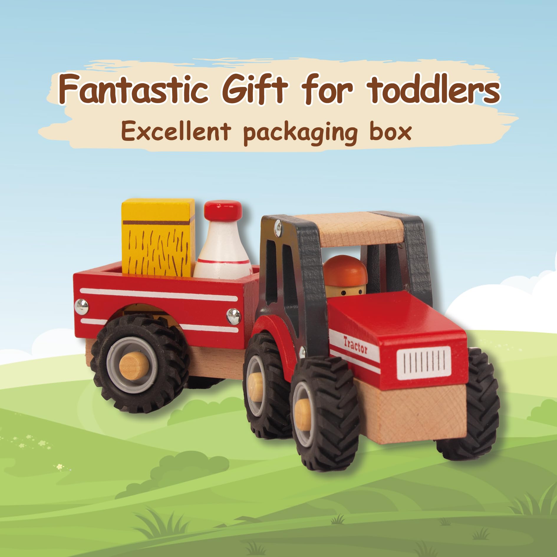 WoodenEdu Wooden Tractor Toys for Toddlers 1-3, Baby Vehicle Toys Hand Push Car Toys for 1 2 3 Year Old Boys Girls (Red)