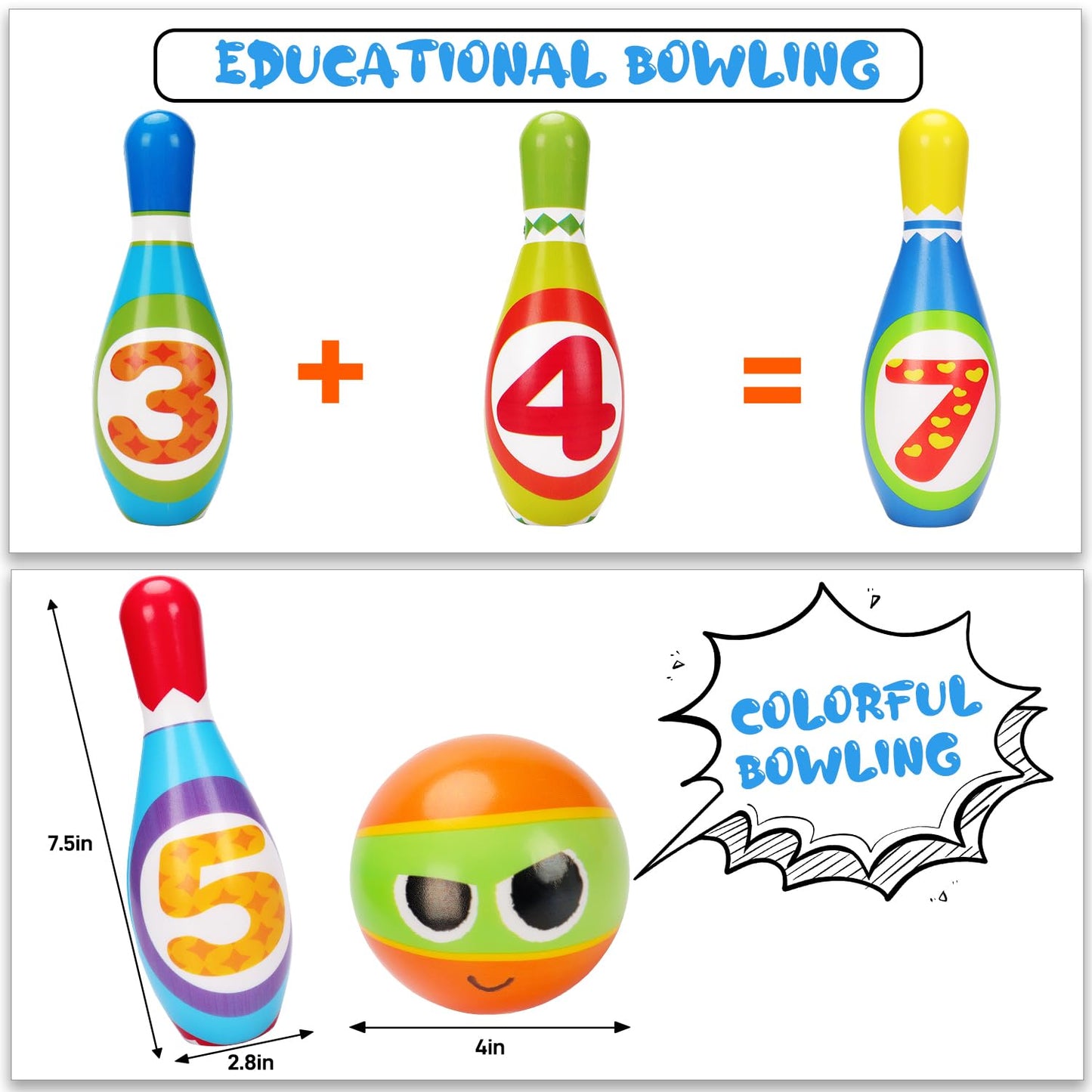 AugToy Kids Bowling Toy Set, Toddler Indoor Outdoor Activity Play Game Toys for Boy Girl, Soft 10 Foam Bowling Pins & 2 Balls, Educational Children