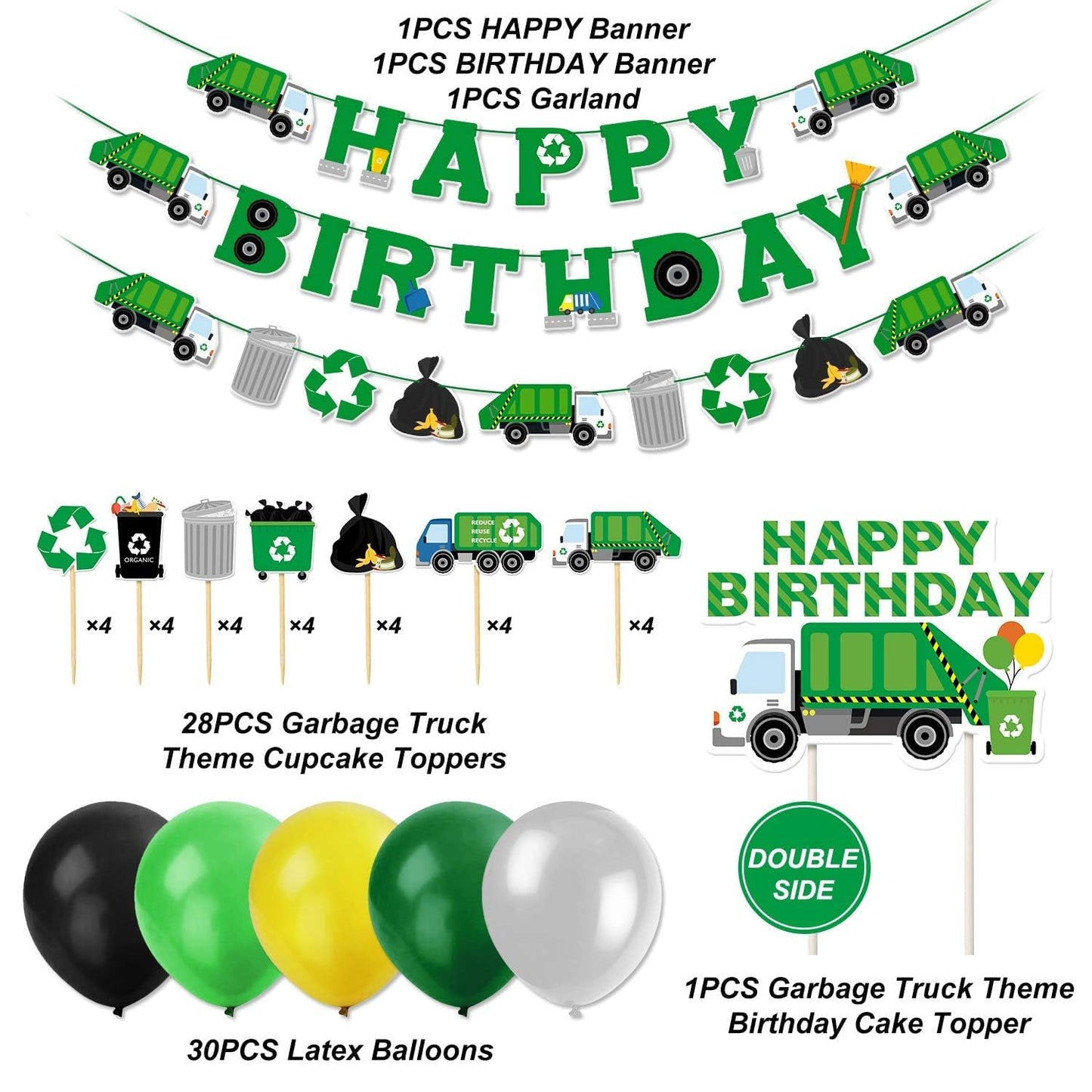 Bessmoso 56 Pcs Garbage Truck Birthday Decoration Trash Truck Birthday Banner, Latex Balloons, Cake Topper, Cupcake Toppers Trash Waste Management