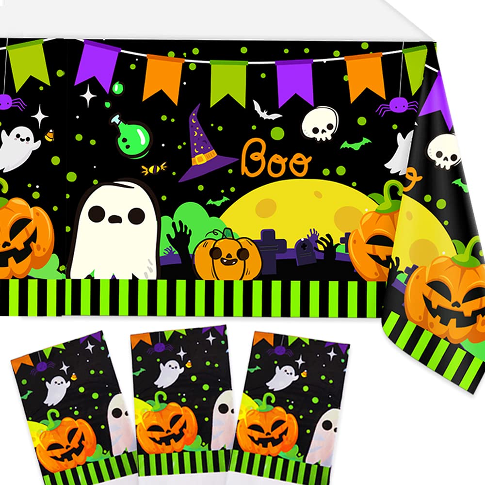 Halloween Tablecloth 3 Pack 54x108 inches Rectangle Pumpkin and Ghost Table Covers for Halloween Outdoor Party Disposable Waterproof Plastic