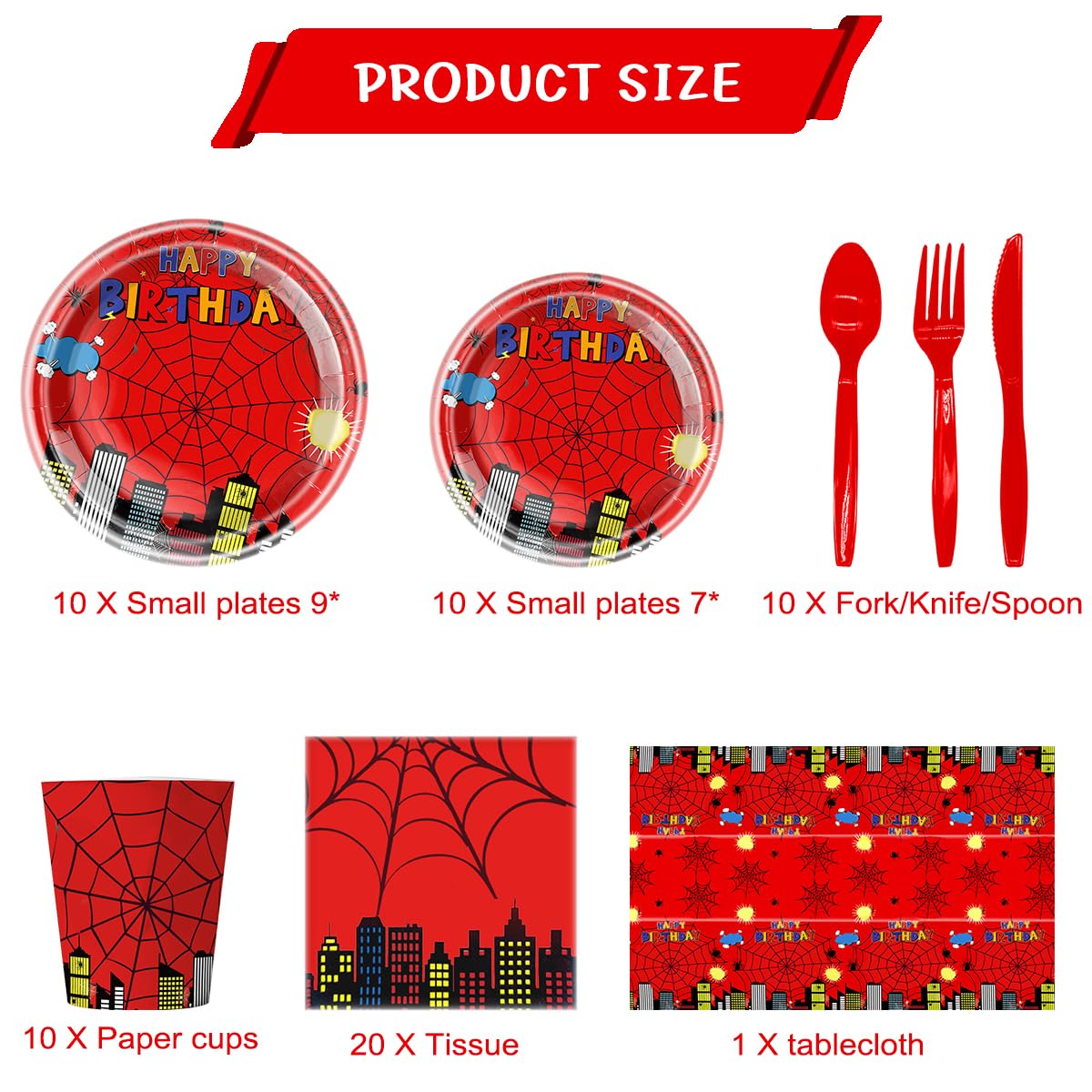 81Pcs Cartoon Spider Birthday Party Supplies,Red Spider Set Tableware Plates Napkins Cups Knives Spoons Forks