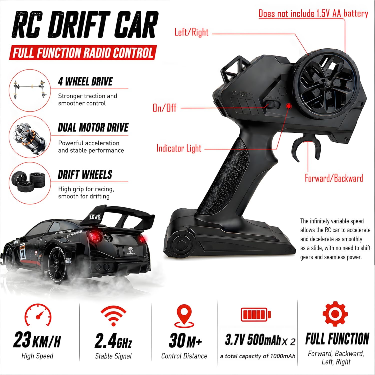 HTURCCOP 1:24 RC Drift 2.4GHz with LED Light Race Car Toys for Boys and Girls Aged 6+ Speed Adjustable up to 23Km/H, High-Speed RC Racing Cars Toy
