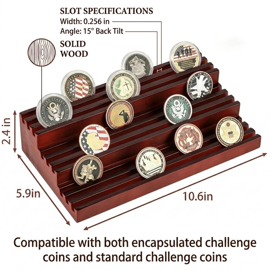 resuoop Challenge Coin Display Stand - Where Every Coin Tells A Story - Solid Wood Military Coin Rack | 9-Row Ladder Design Holds 45-60 Coins |