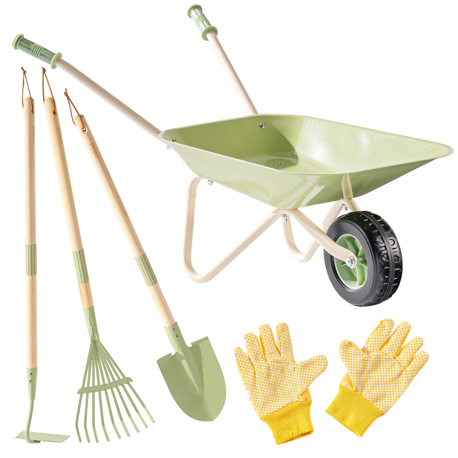 ROBOTIME Kids Wheelbarrow Set, 5PCS Kids Gardening Tool Set with Metal Toy Wheelbarrow, Shovel, Hoe, Broom & Gloves, Outdoor Yard Play for Planting
