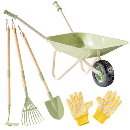 ROBOTIME Kids Wheelbarrow Set, 5PCS Kids Gardening Tool Set with Metal Toy Wheelbarrow, Shovel, Hoe, Broom & Gloves, Outdoor Yard Play for Planting