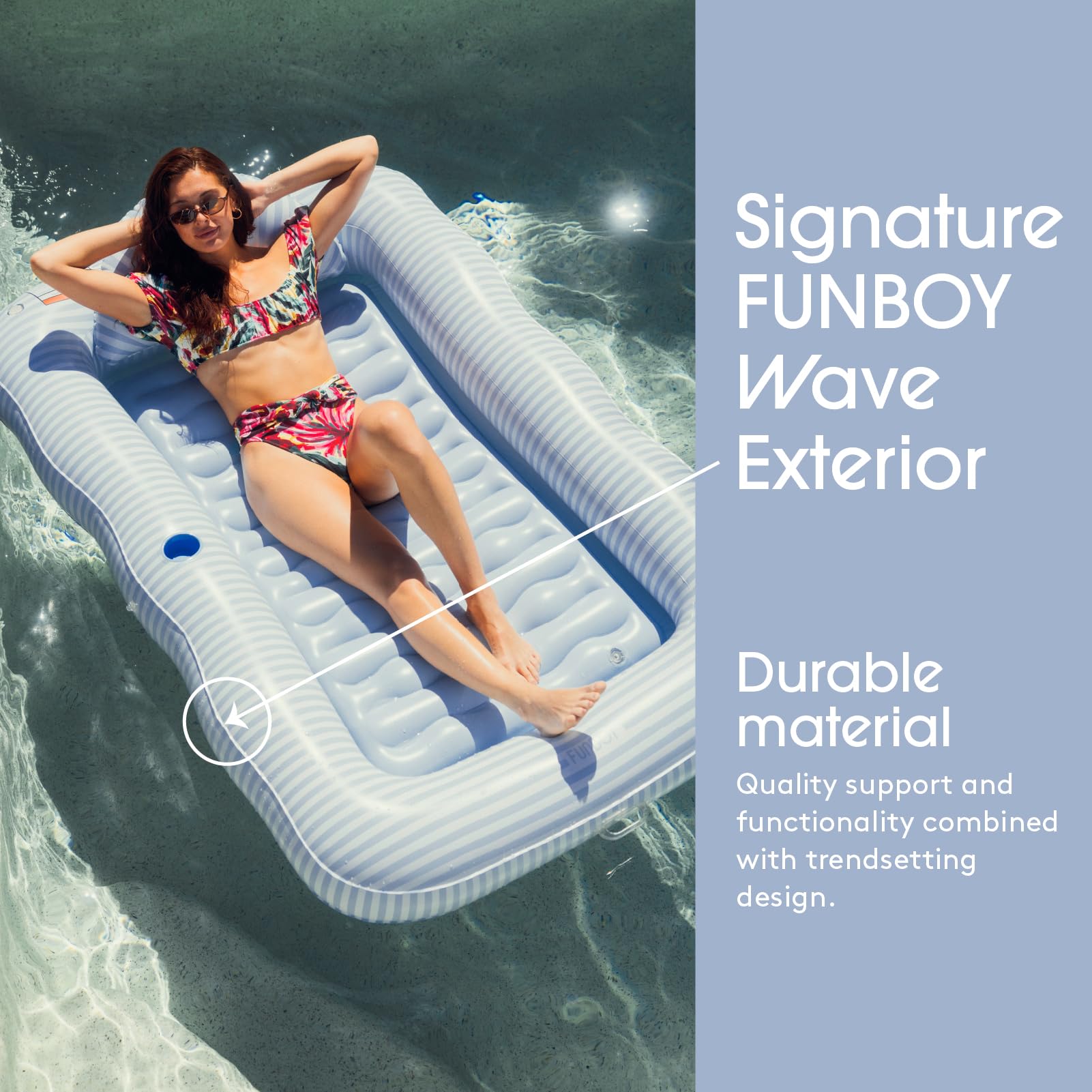 FUNBOY XL Blue Stripe Tanning Pool Float with Pillow & Cup Holder
