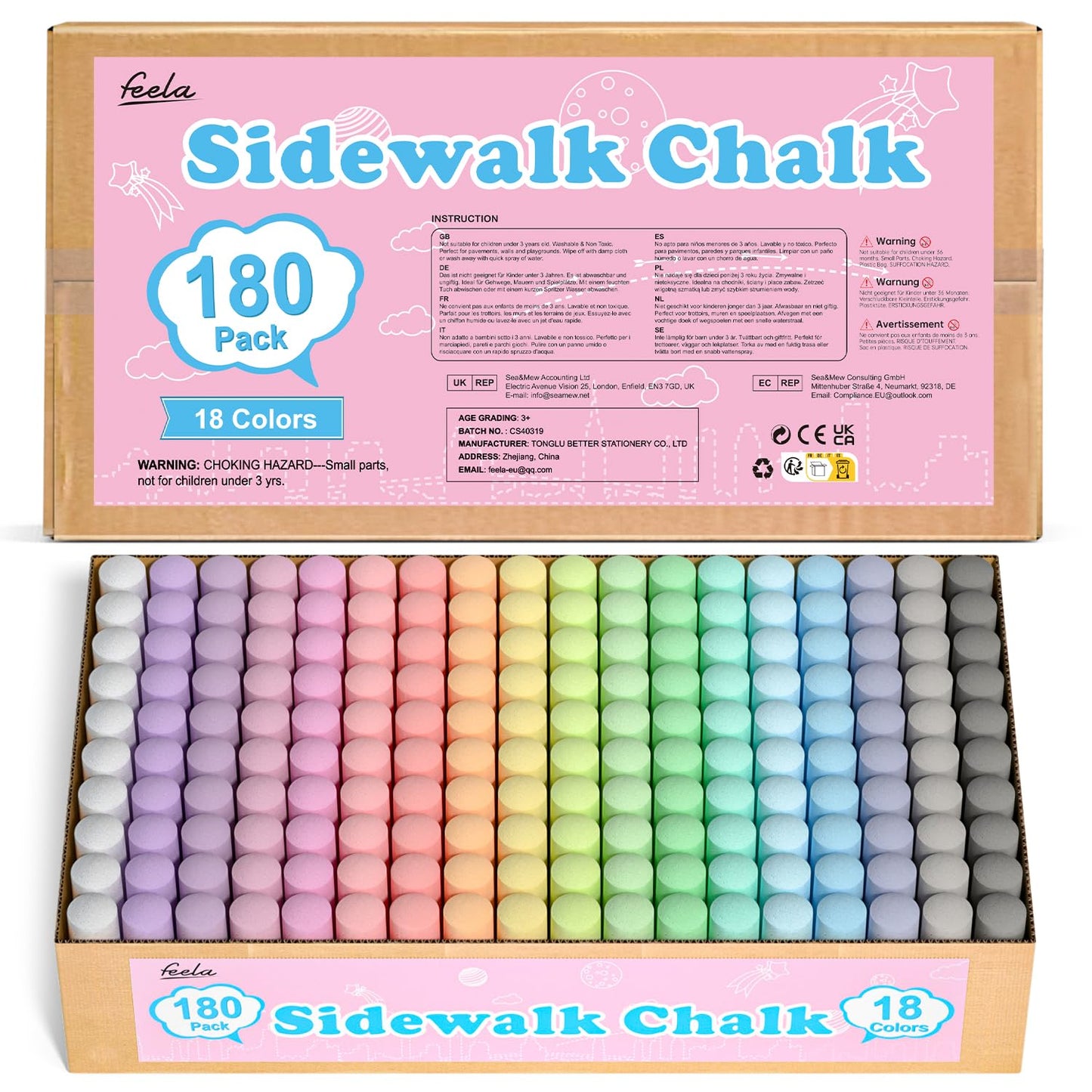 feela 180 Pack Sidewalk Chalk, Sidewalk Chalk Set For Kids Jumbo Chalk Bulk, Great for Kids Family, Paint on Sidewalk Wall School Driveway Blackboard