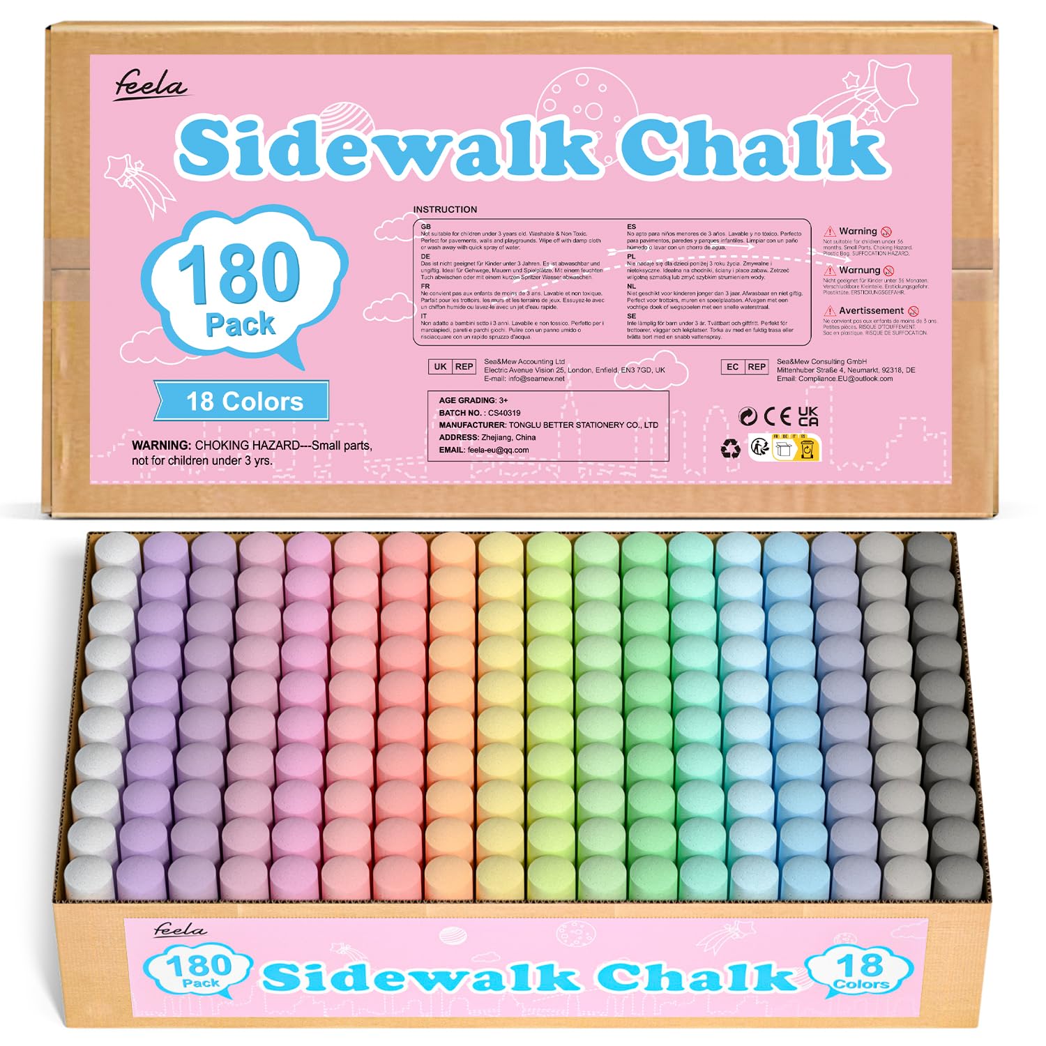 feela 180 Pack Sidewalk Chalk, Sidewalk Chalk Set For Kids Jumbo Chalk Bulk, Great for Kids Family, Paint on Sidewalk Wall School Driveway Blackboard