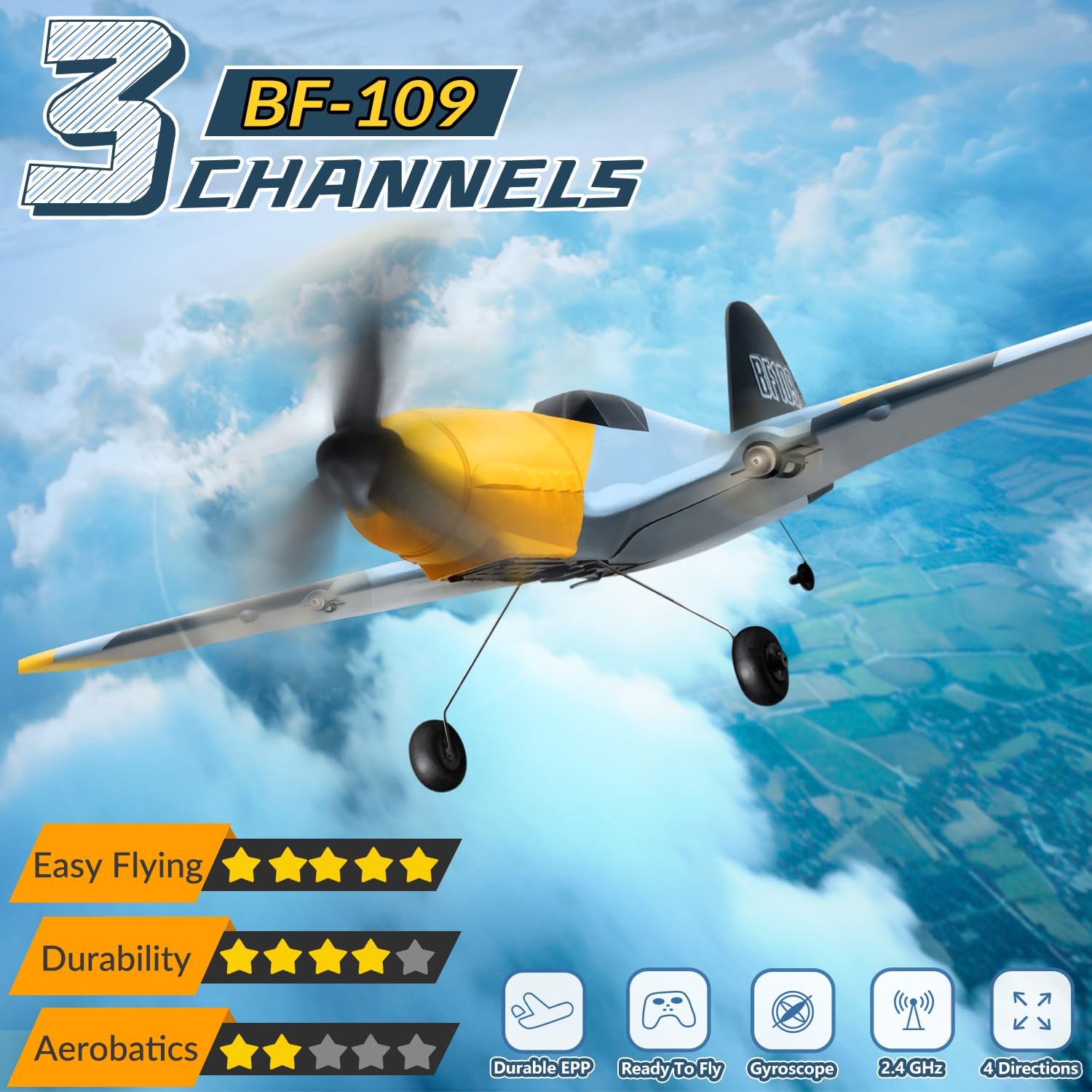 HAWK'S WORK 3 Channel RC Plane BF-109, Remote Control Airplane Ready to Fly, 2.4GHz 6-axis Gyro Stabilizer, Easy to Fly for Kids & Beginners