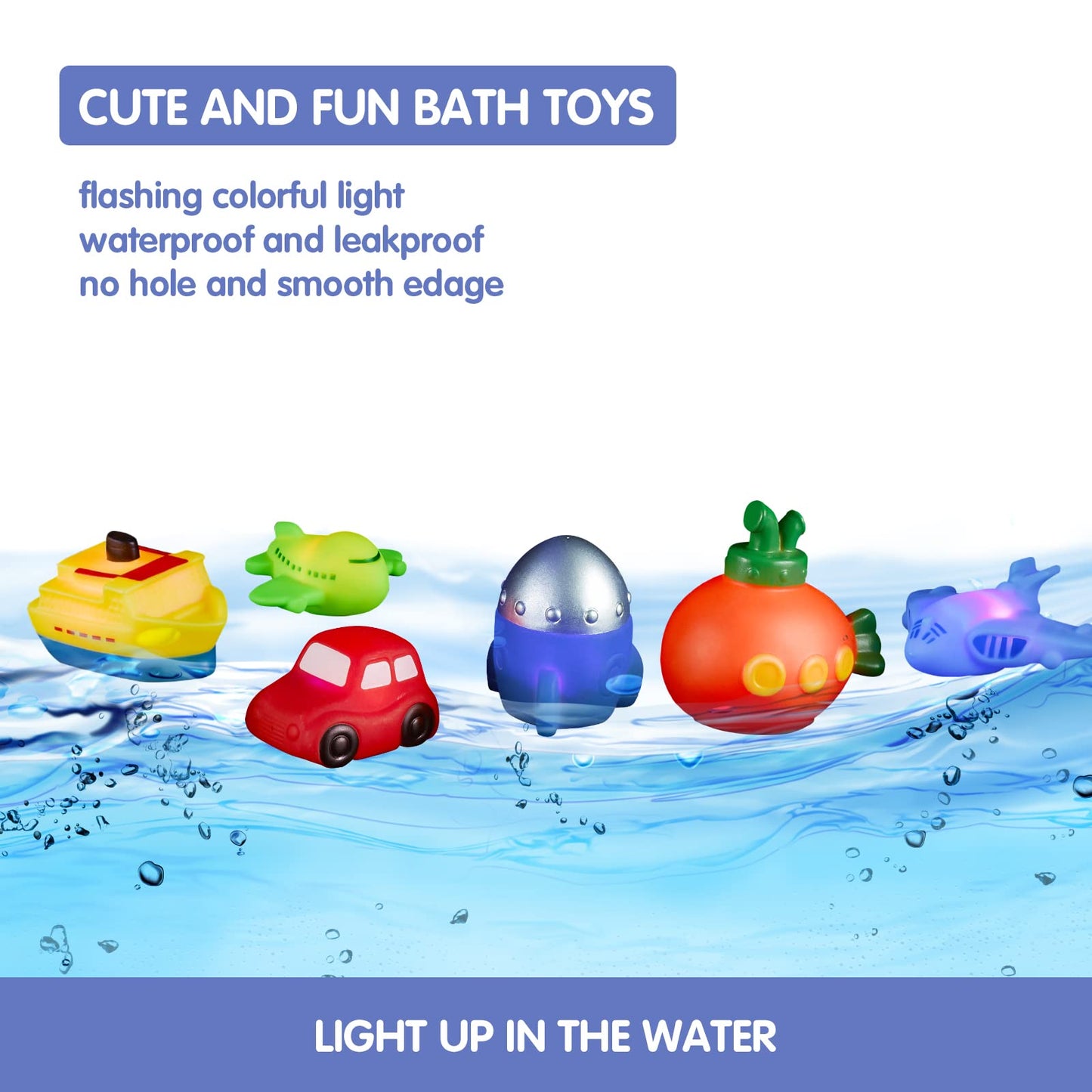 Light Up Bath Toys Transport Glowing Tub Toy with Auto Colourful Flashes Light 6pcs Floating Submarine Rocket Ship Car Airplane Aircraft Model Toy