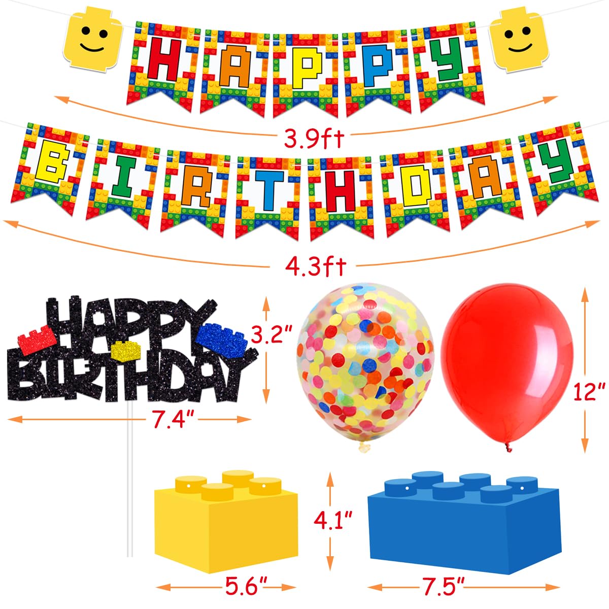 Building Blocks Themed Birthday Party Decorations Pack - Includes Glitter Cake Topper Banners and Balloons - Summer Colorful Themed Bday Party Pack