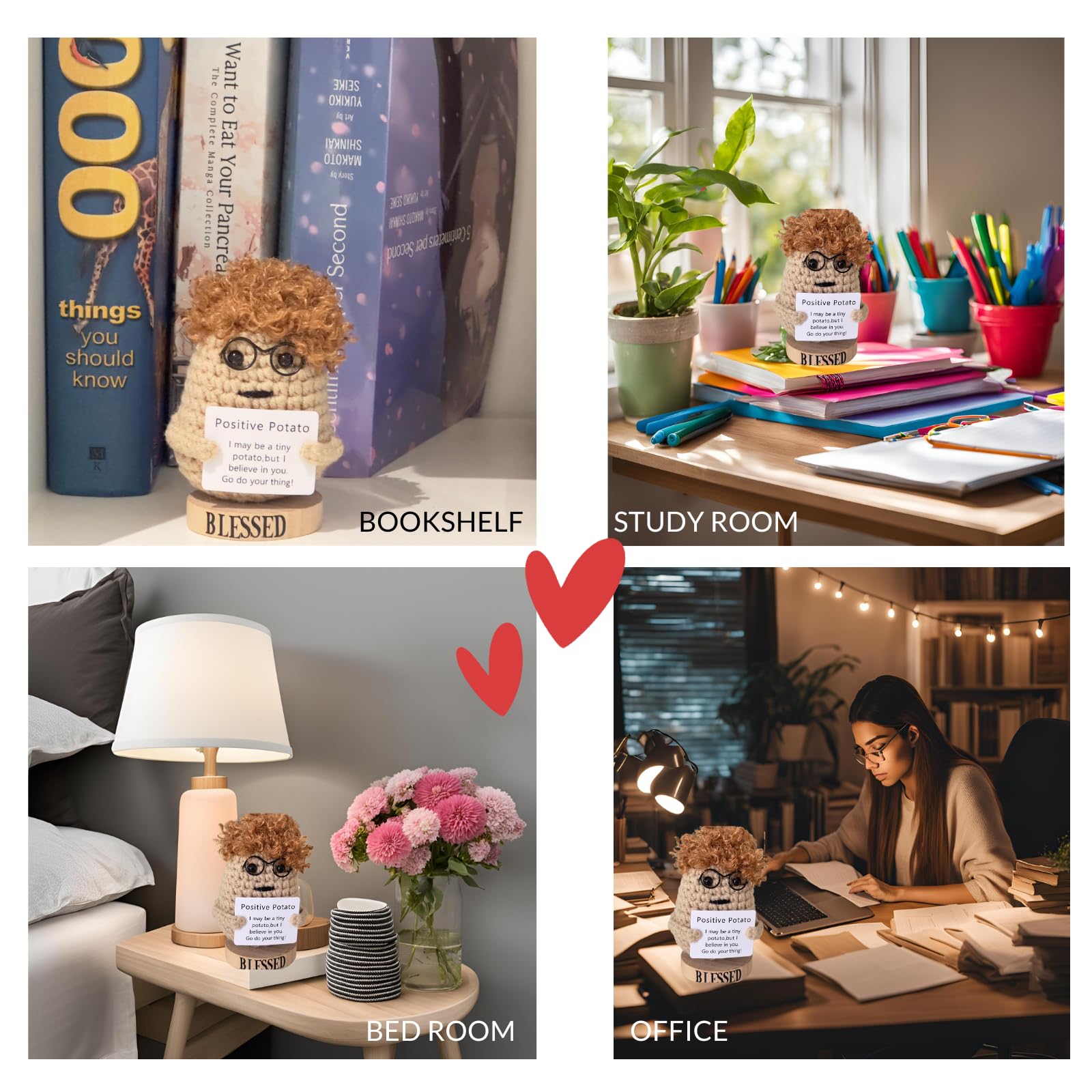 Jpaklpe Positive Crochet Potato, Handmade Desk Decor Gift with Wooden Stand