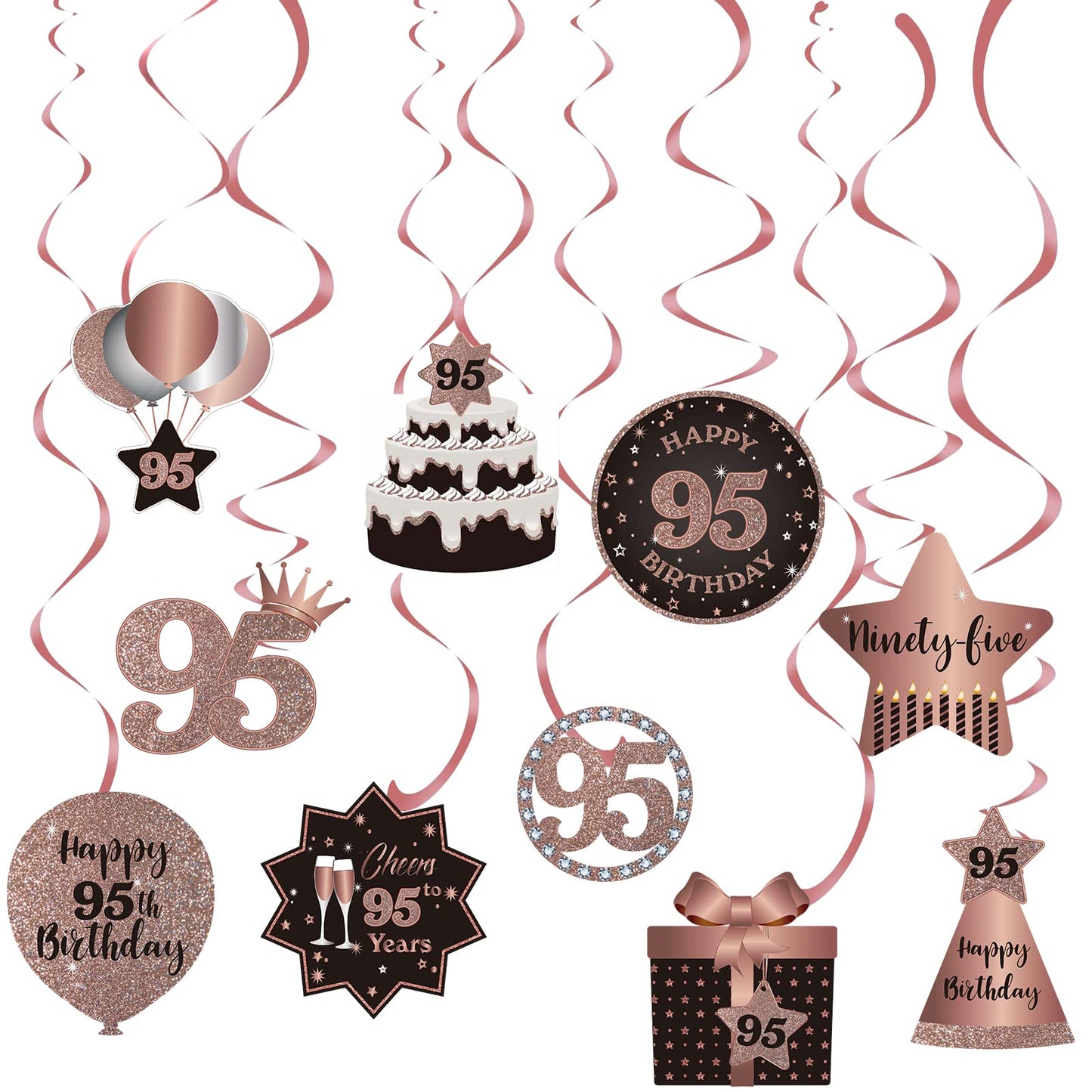 Happy 95th Birthday Party Hanging Swirls Streams Ceiling Decorations, Celebration 95 Foil Hanging Swirls with Cutouts for 95 Years Old Rose Gold