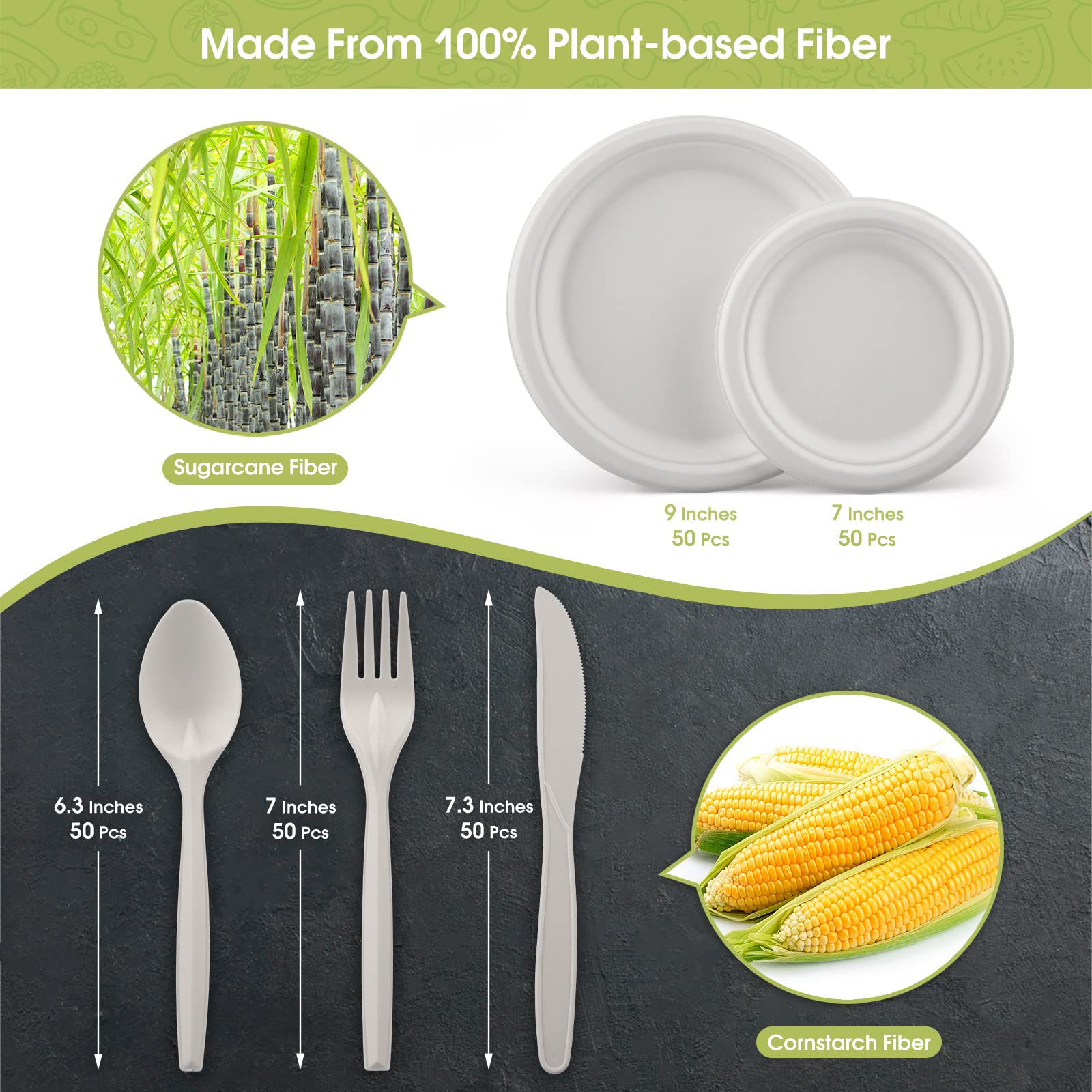 Fuyit Compostable Paper Plates with Cutlery Set, Disposable Dinnerware